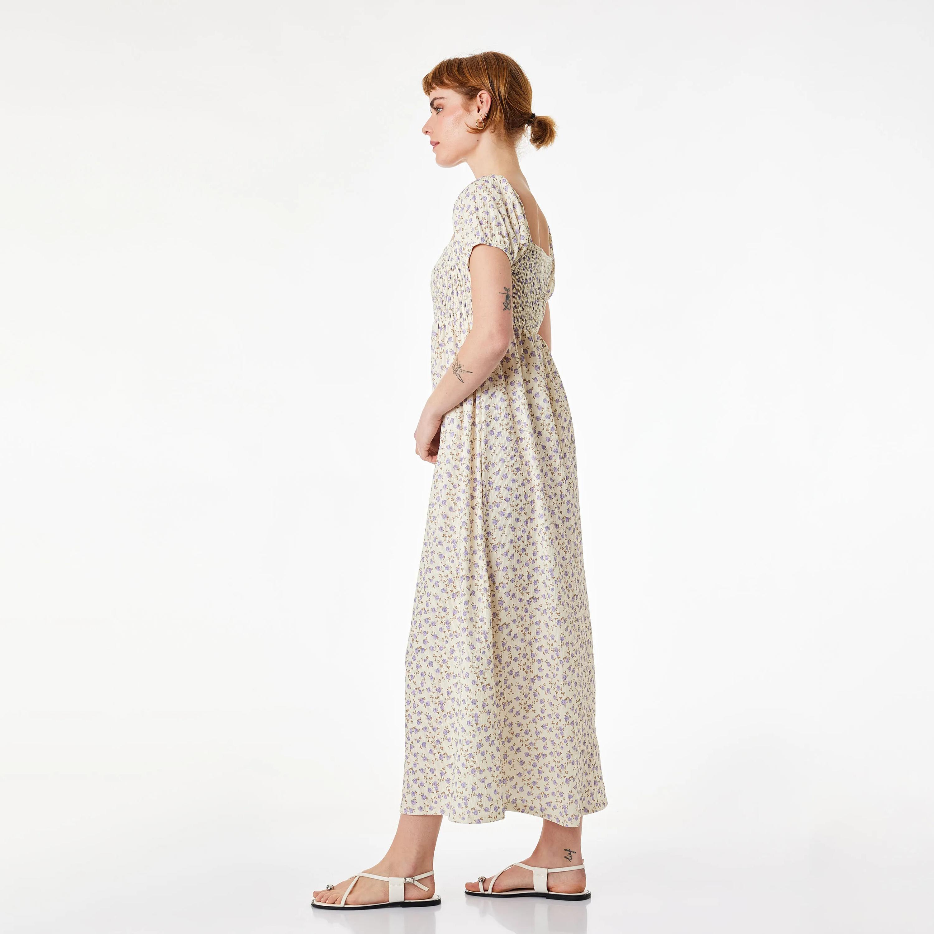 فستان ماكسي حريمي بنقشة زهور وفتحة رقبة مربعة وأكمام منتفخة من كوتون-women-clothing-dresses-image-12