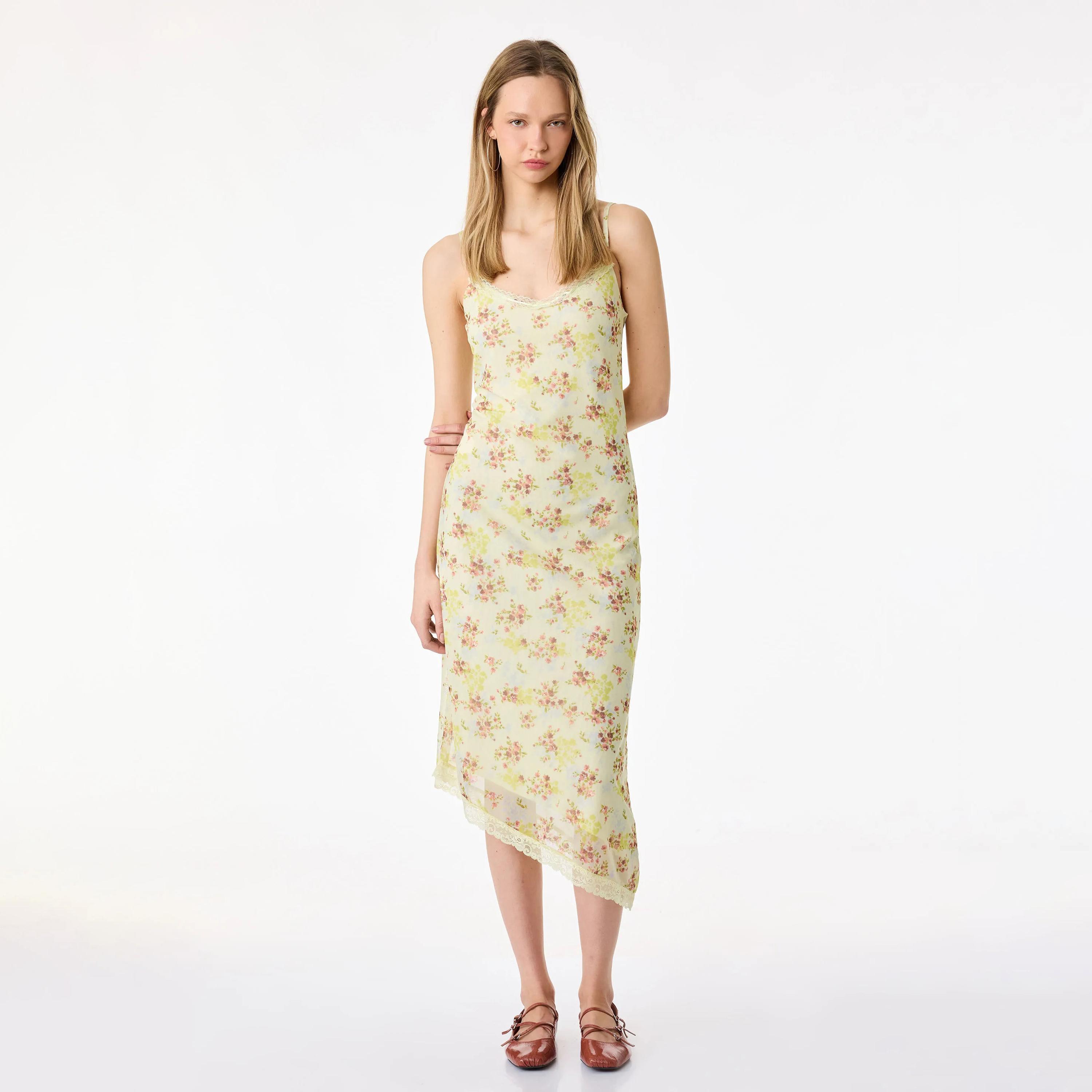 KOTON Yellow Floral Sweetheart Neck Asymmetric Slip Women's Midi Dress-women-clothing-dresses-image-1