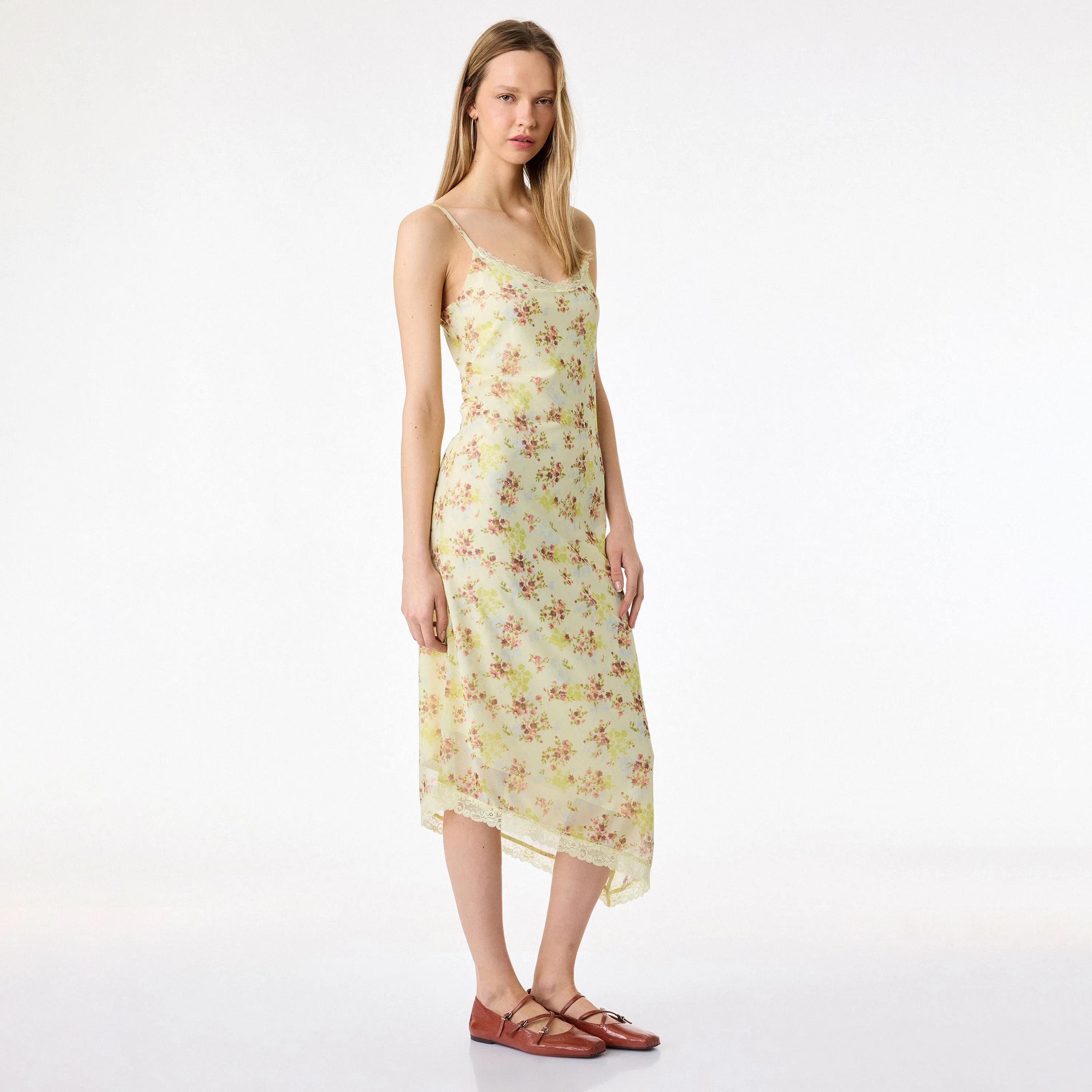 KOTON Yellow Floral Sweetheart Neck Asymmetric Slip Women's Midi Dress-women-clothing-dresses-image-2