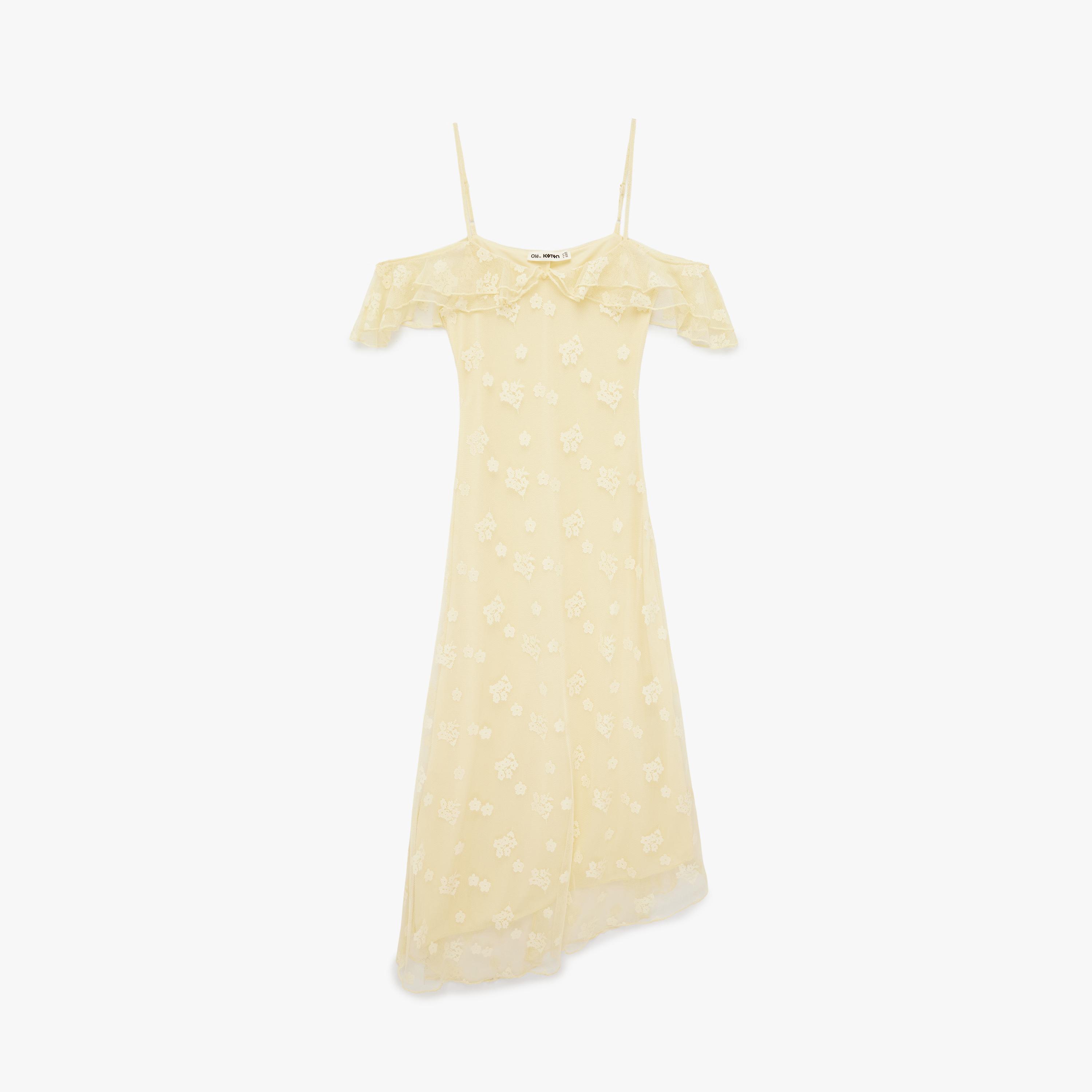 KOTON Yellow Ditsy Floral Shoulder Straps Women's Evening Midi Dress-women-clothing-dresses-image-4