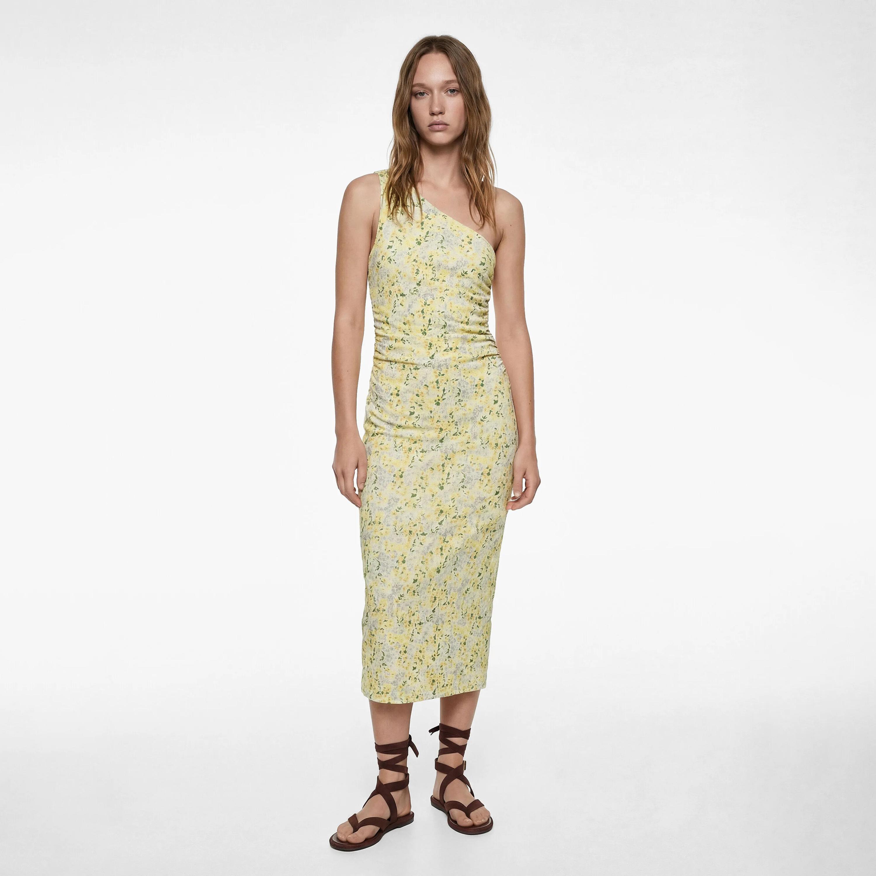 KOTON Yellow Floral One Shoulder Column Women's Midi Dress-women-clothing-dresses-image-1