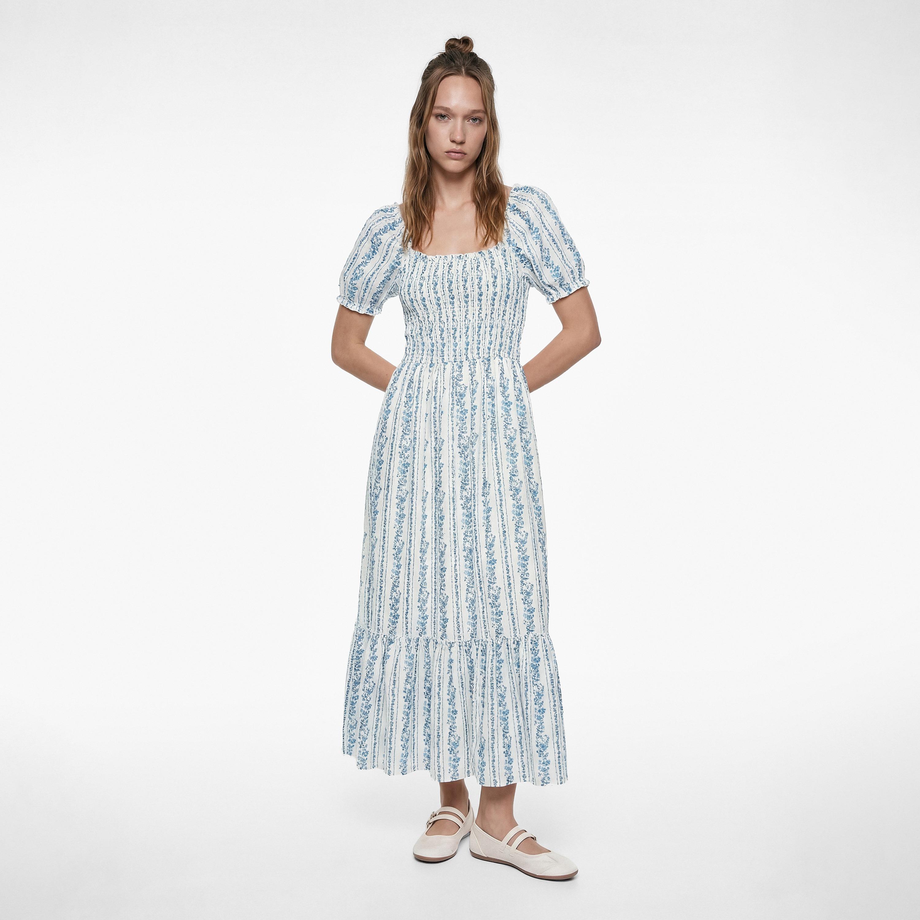 KOTON Blue Floral Vines Cotton Square Neck Tiered Women's Maxi Dress-women-clothing-dresses-image-1