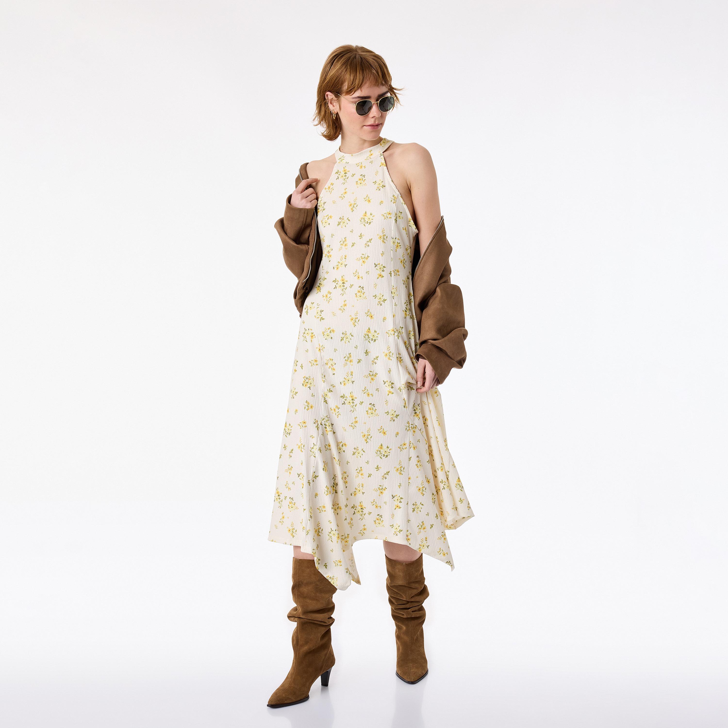 KOTON Cream Floral Print Halter Neck Hanky Hem Women's Midi Dress-women-clothing-dresses-image-1
