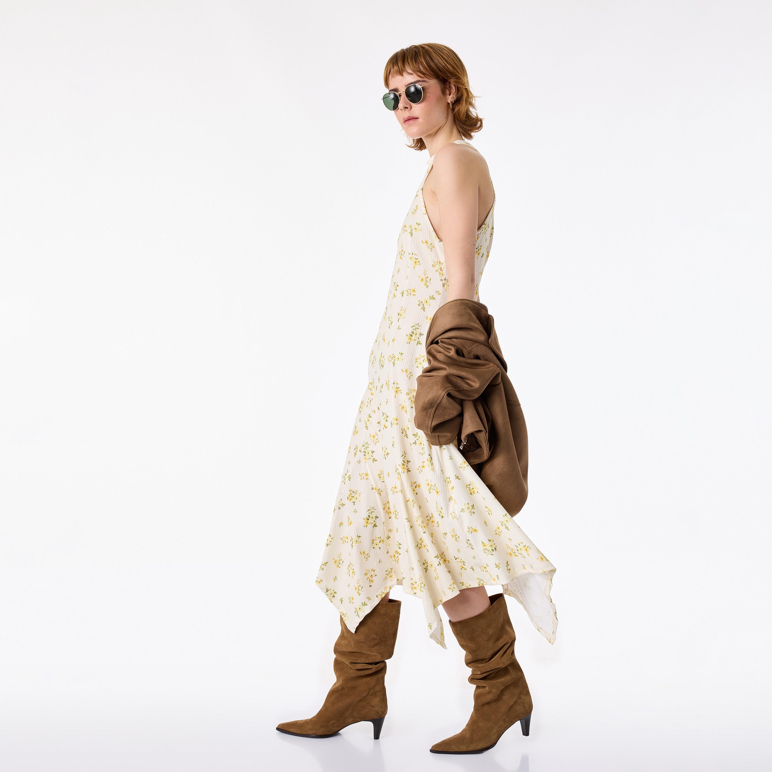 KOTON Cream Floral Print Halter Neck Hanky Hem Women's Midi Dress-women-clothing-dresses-image-2