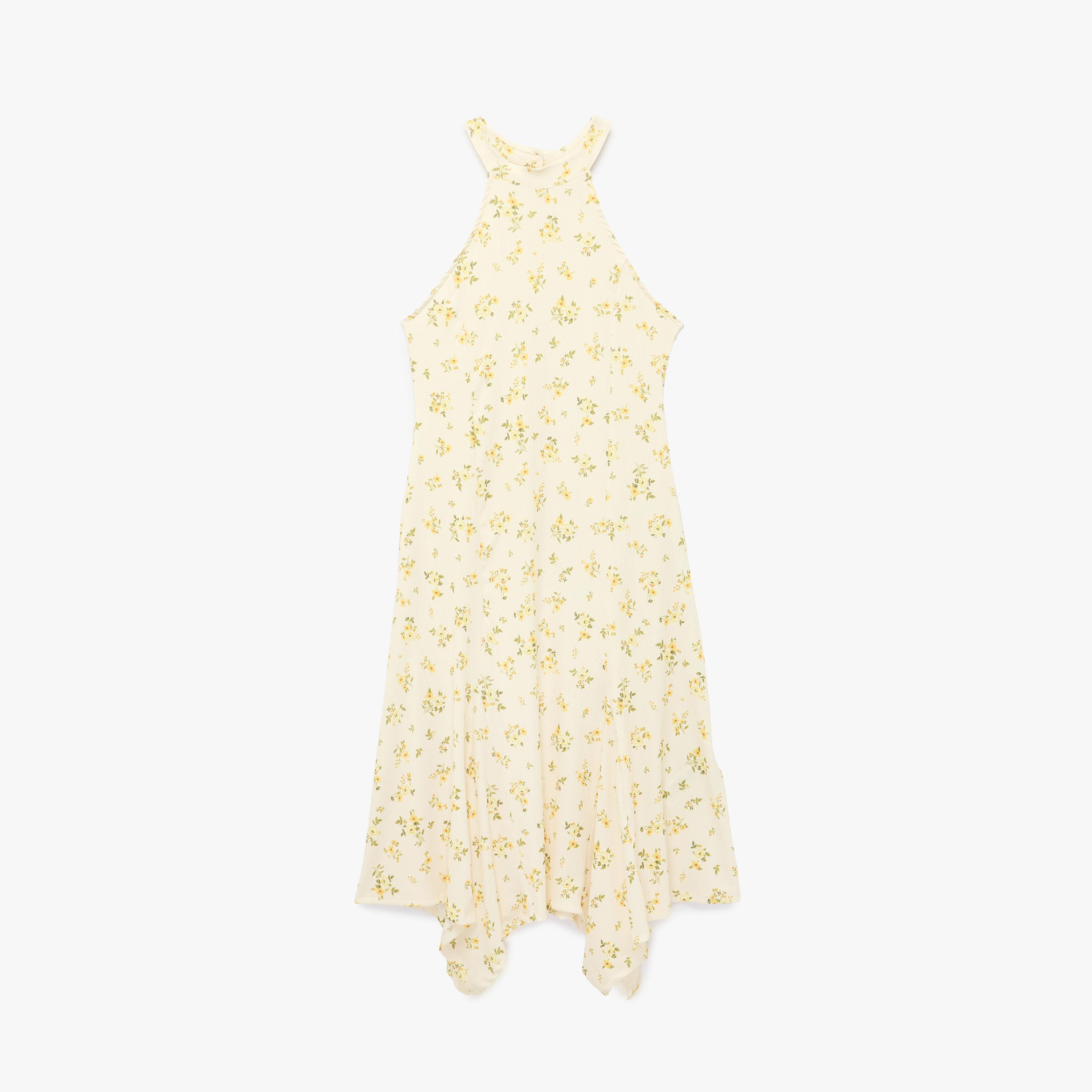 KOTON Cream Floral Print Halter Neck Hanky Hem Women's Midi Dress-women-clothing-dresses-image-3