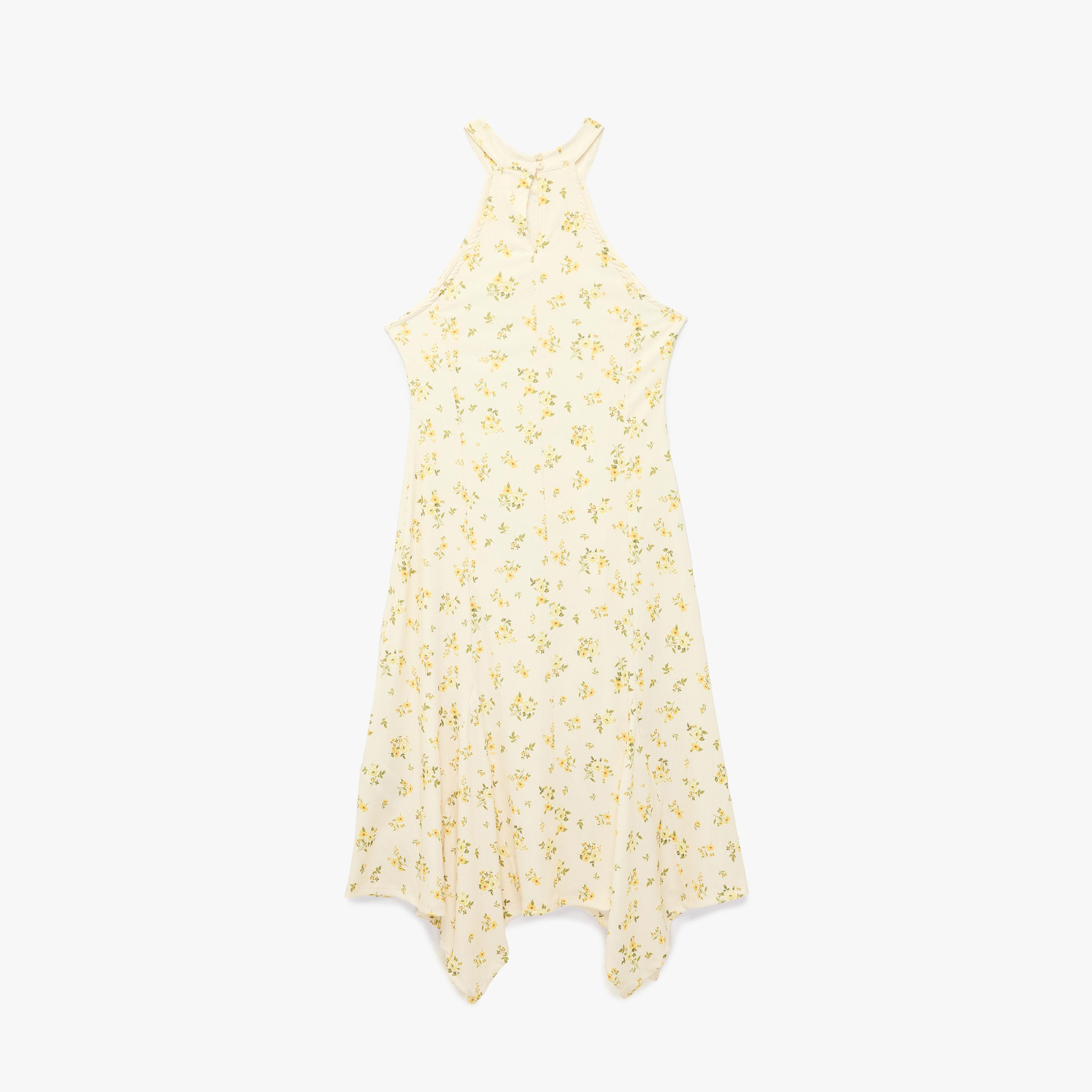 KOTON Cream Floral Print Halter Neck Hanky Hem Women's Midi Dress-women-clothing-dresses-image-4