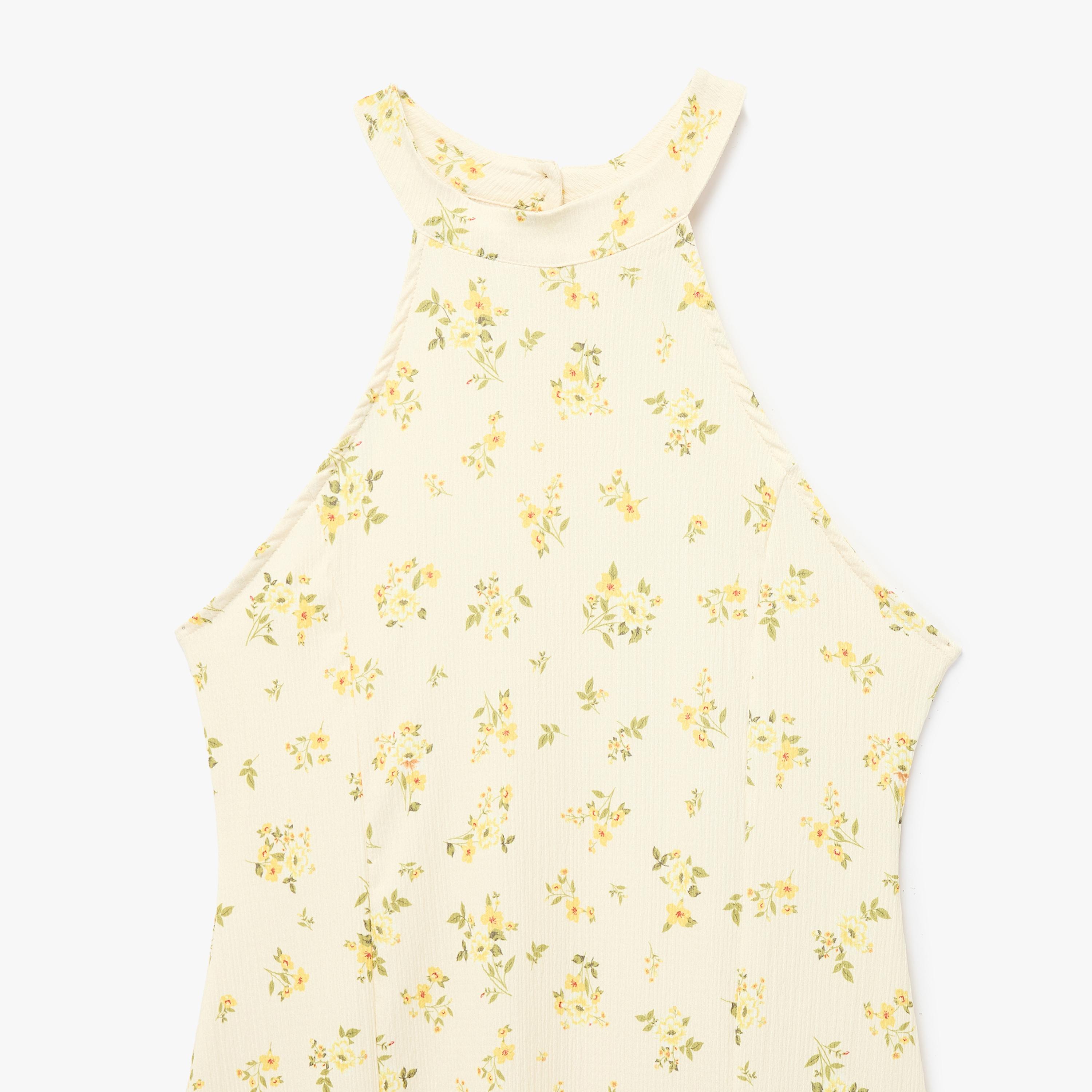 KOTON Cream Floral Print Halter Neck Hanky Hem Women's Midi Dress-women-clothing-dresses-image-5