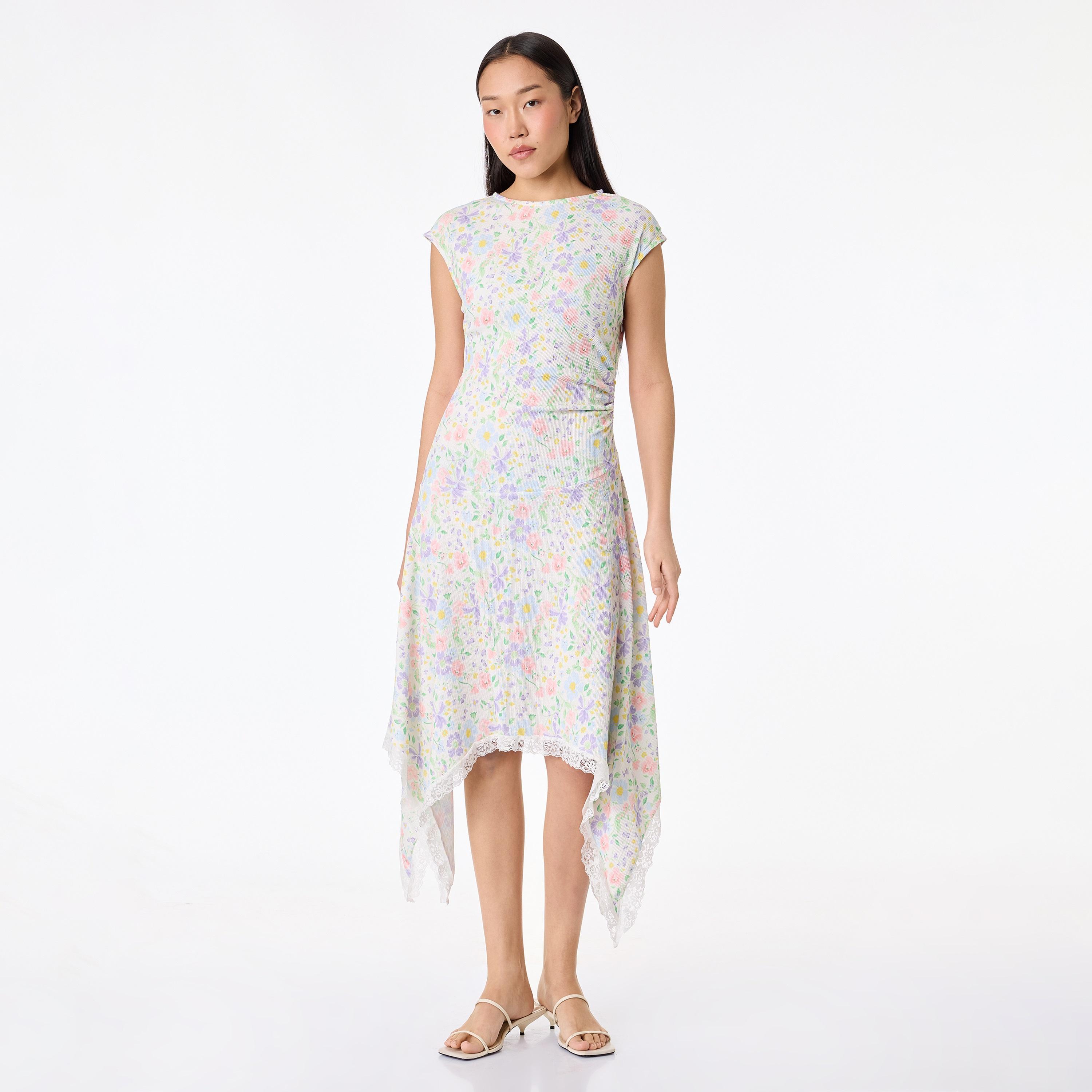 KOTON Green Floral Print Cap Sleeves Hanky Hem Women's Midi Dress-women-clothing-dresses-image-1