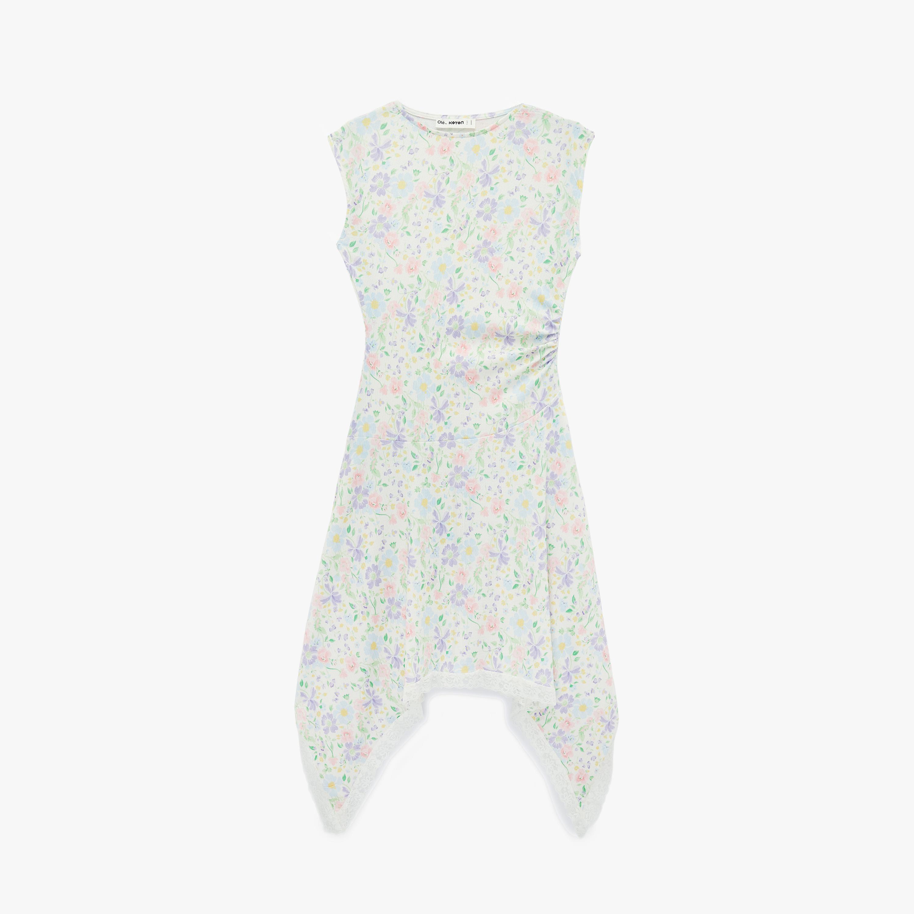 KOTON Green Floral Print Cap Sleeves Hanky Hem Women's Midi Dress-women-clothing-dresses-image-3