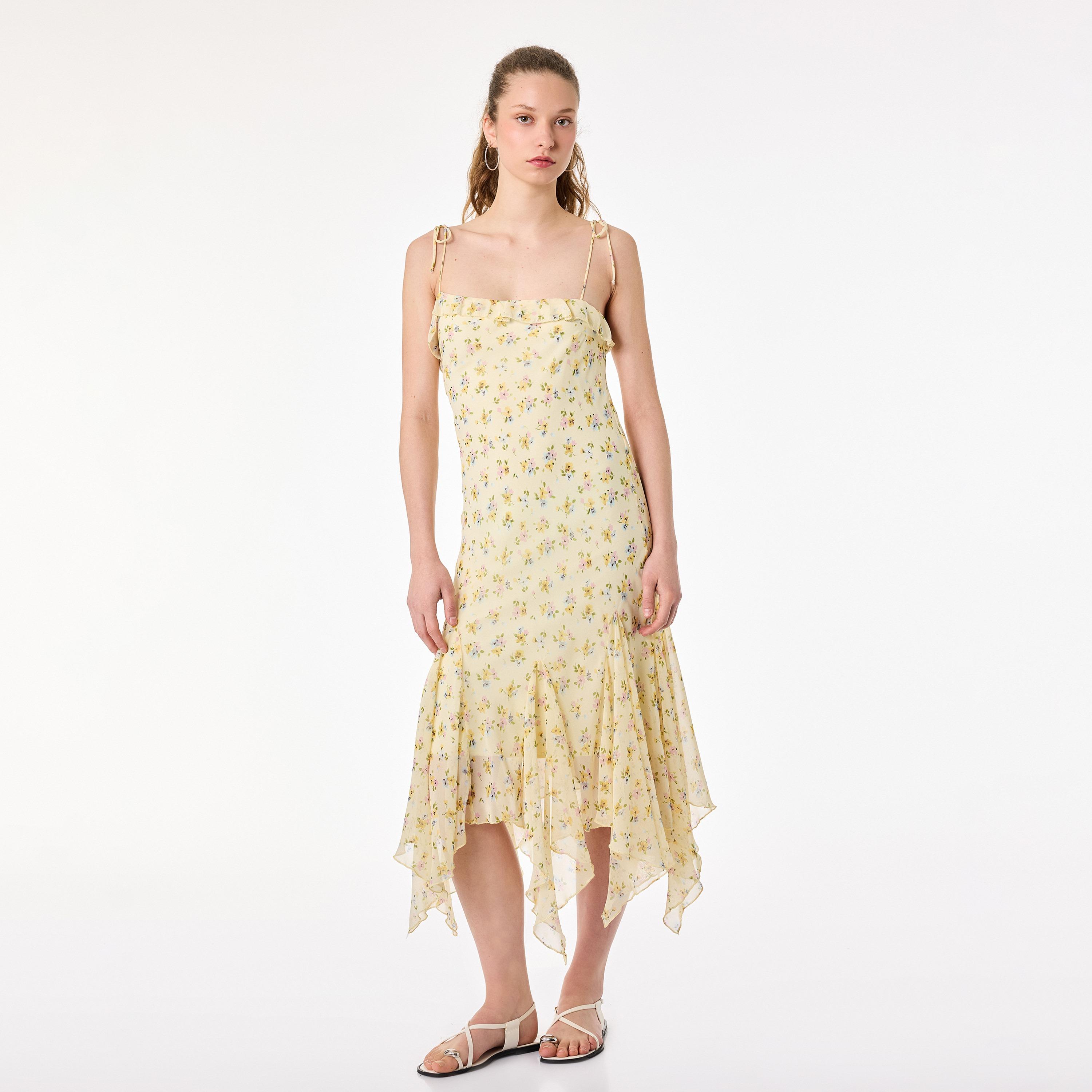 KOTON Yellow Floral Print Shoulder Straps Hanky Hem Women's Midi Dress-women-clothing-dresses-image-1