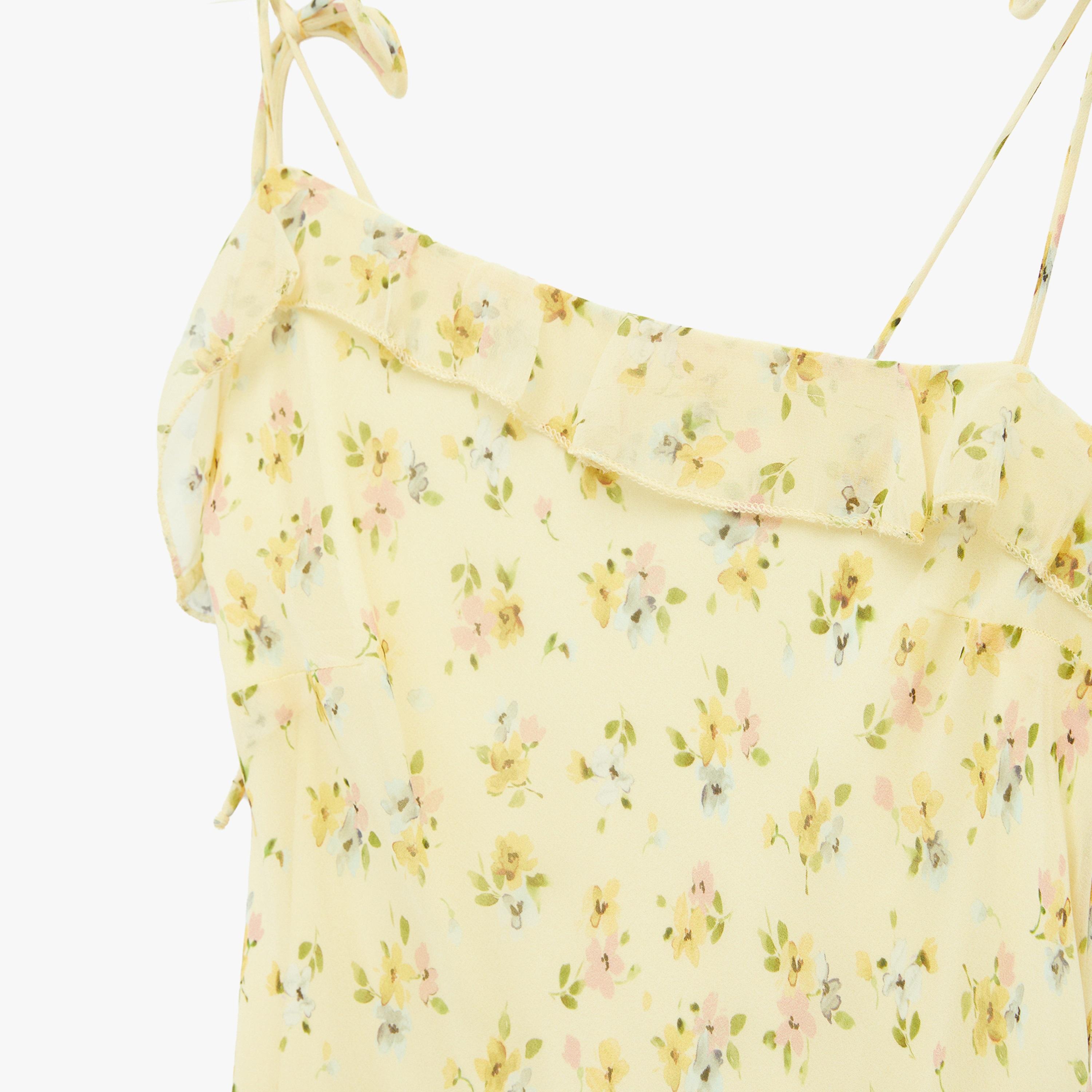 KOTON Yellow Floral Print Shoulder Straps Hanky Hem Women's Midi Dress-women-clothing-dresses-image-5