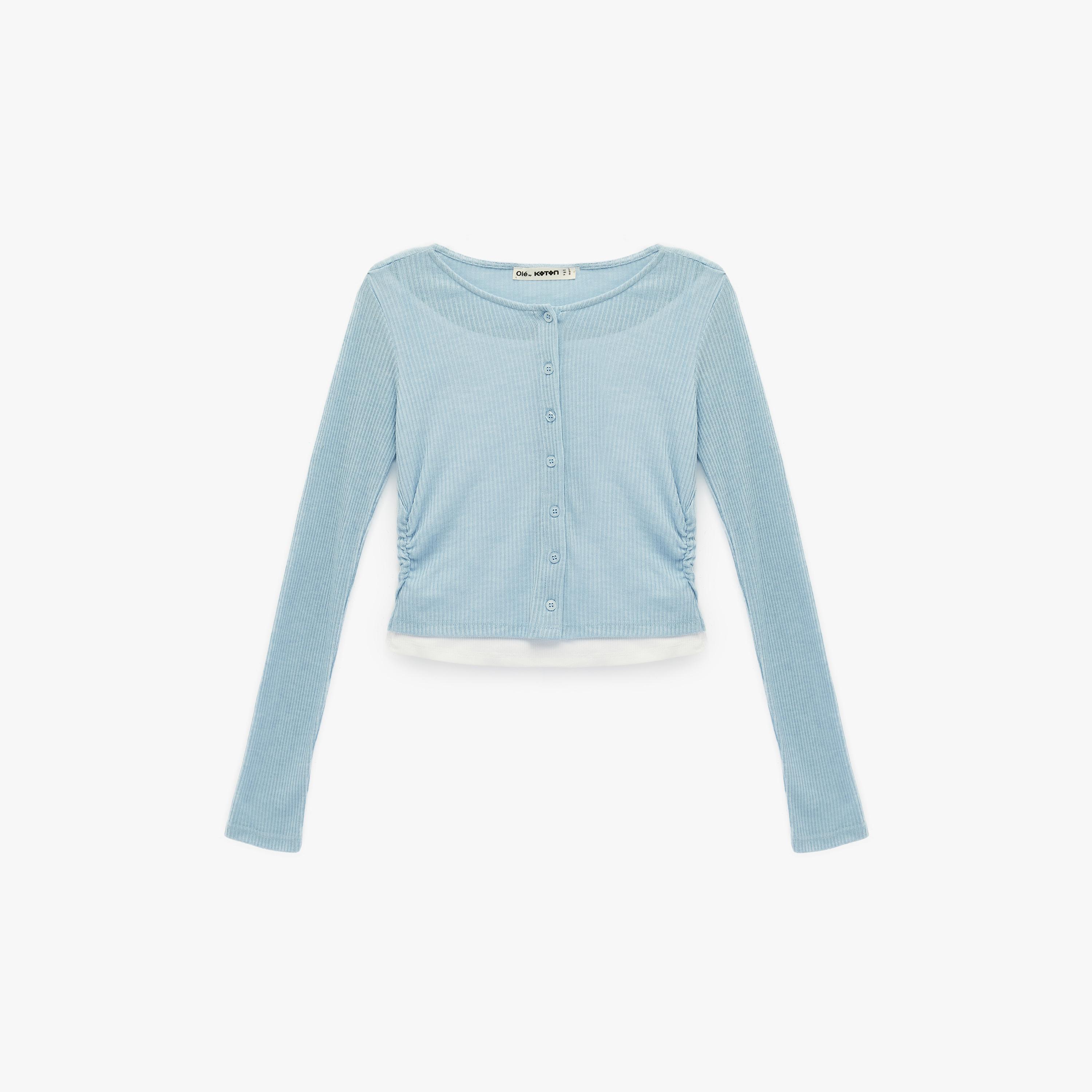 بلوزة نسائية من قماش بارز بلون أزرق من كوتون-women-clothing-shirtsandblouses-blouses-image-3