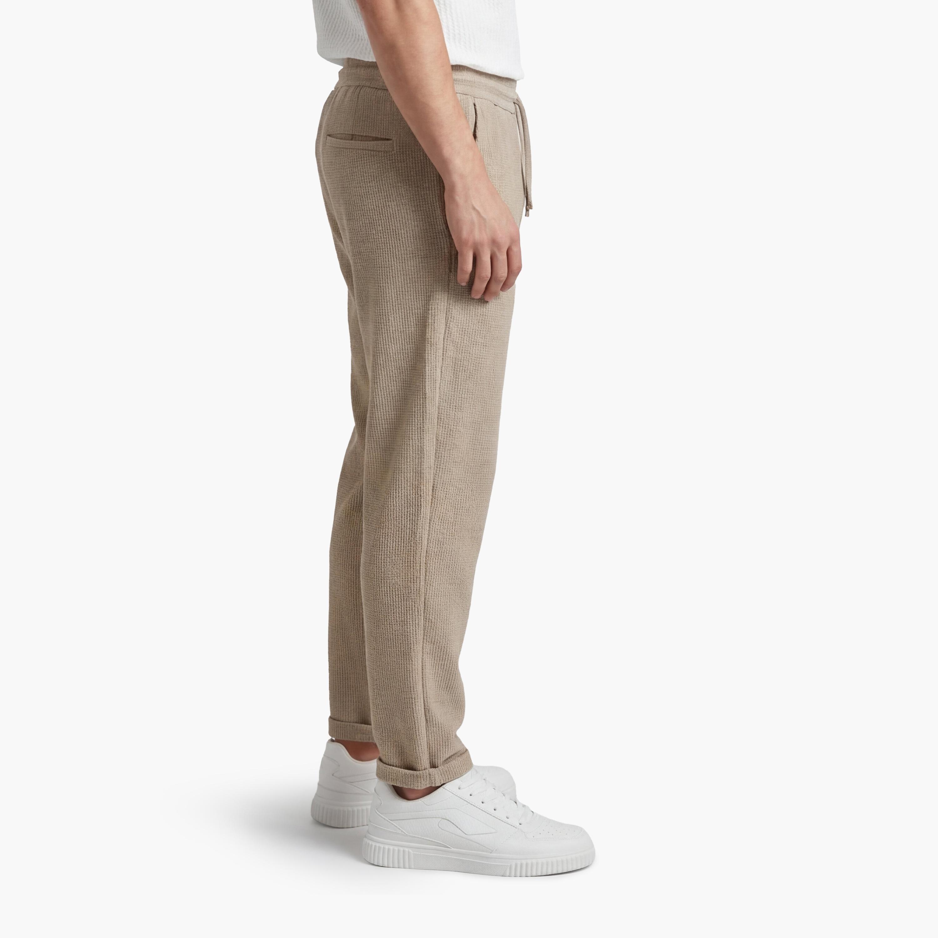 بنطلون رجالي خصر متوسط قصة "ريجولار فت" بخصر برباط من كوتون-men-clothing-bottoms-trousersandchinos-trousers-image-4
