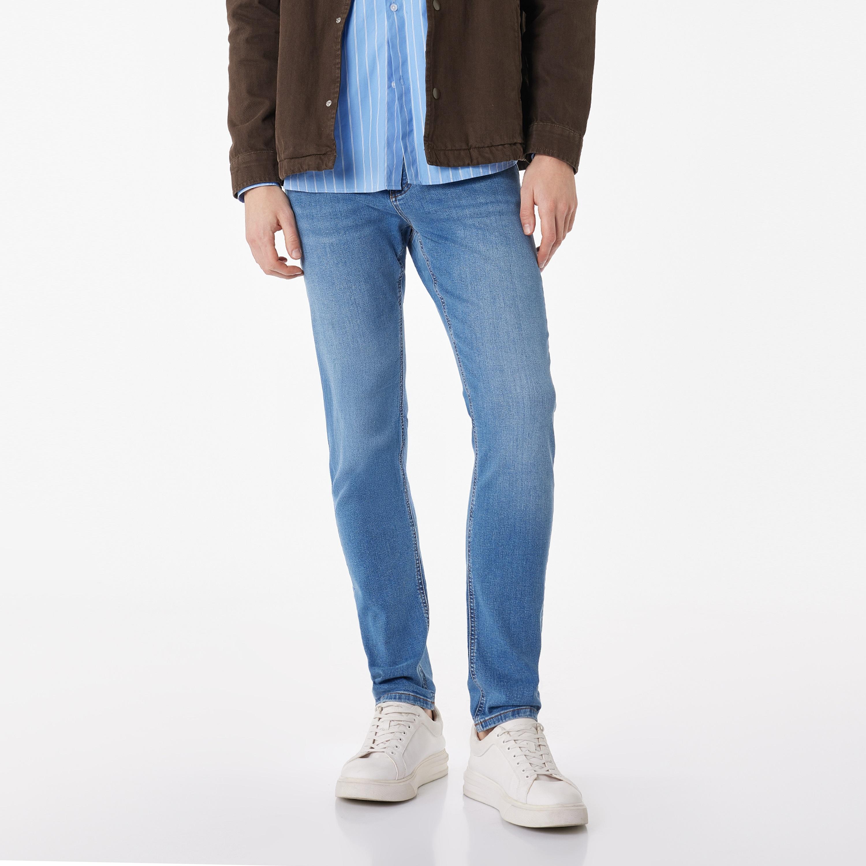 بنطلون جينز رجالي خصر متوسط قصة "سليم فت" ضيقة سادة من كوتون-men-clothing-bottoms-jeans-image-1
