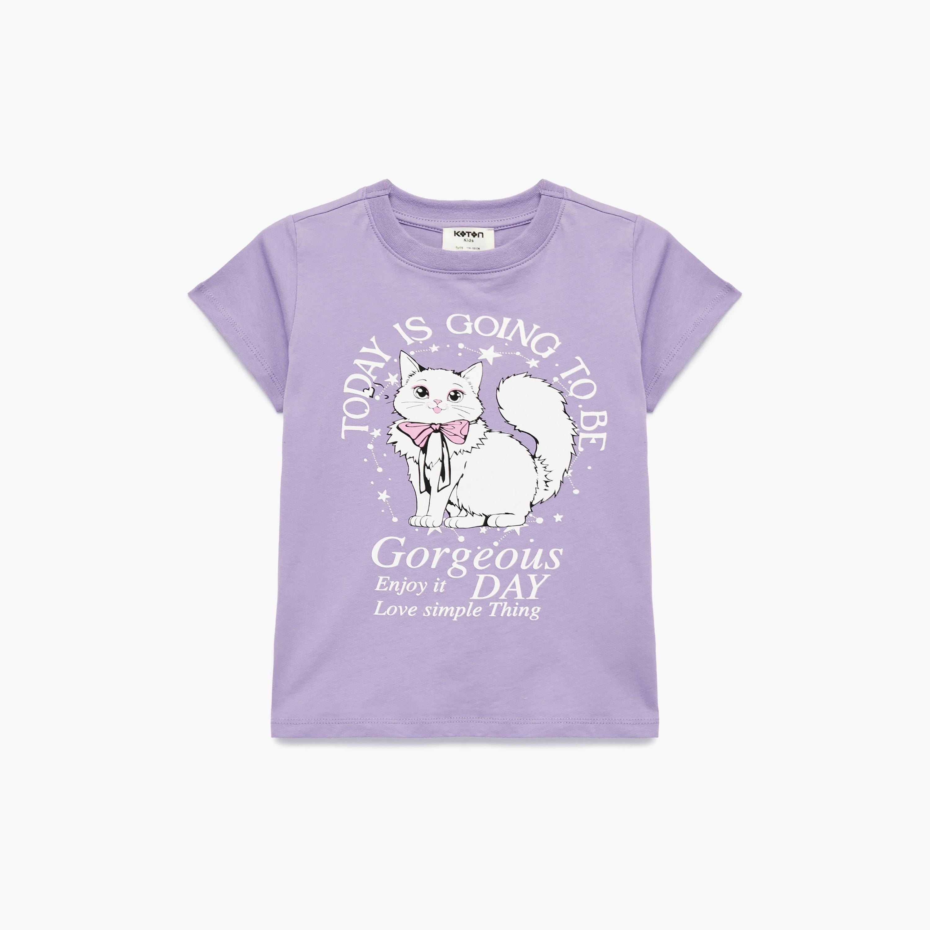تي شيرت بطبعة قطة وأكمام قصيرة من كوتون-girls-clothing-tshirts-image-1