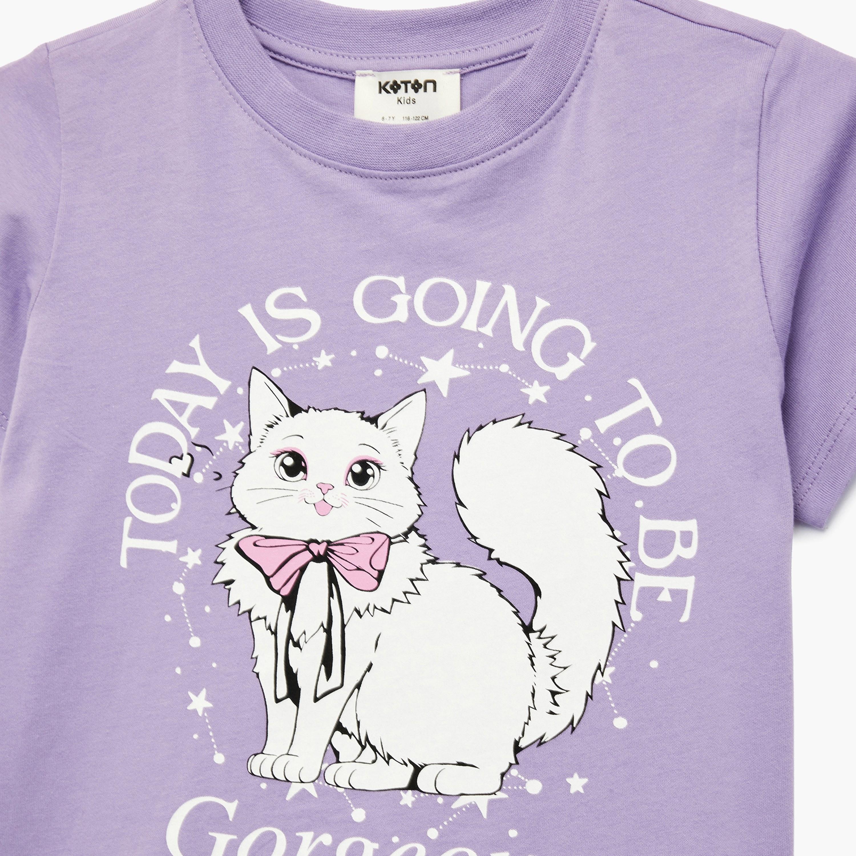تي شيرت بطبعة قطة وأكمام قصيرة من كوتون-girls-clothing-tshirts-image-3