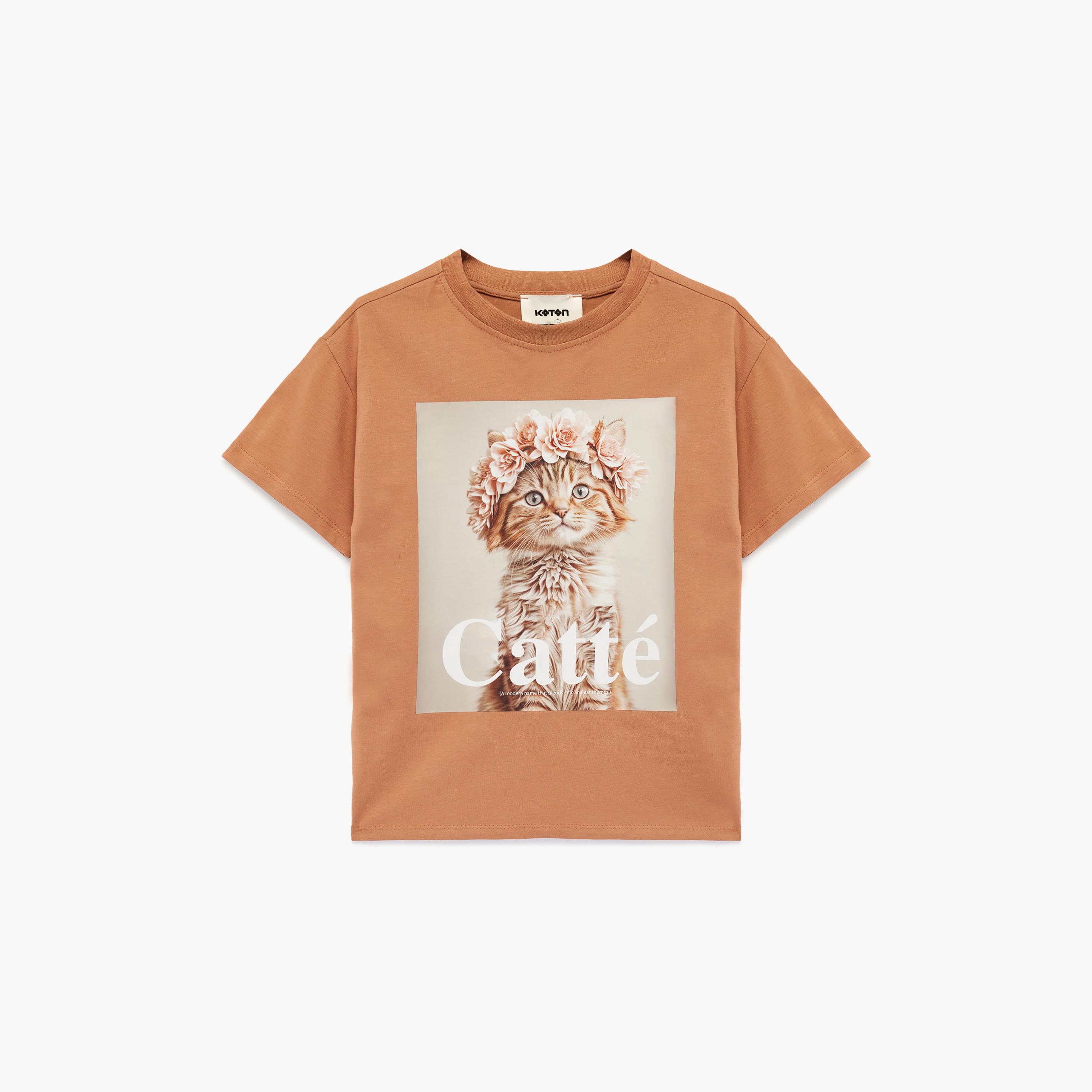 تي شيرت بطبعة قطة وأكمام قصيرة من كوتون-girls-clothing-tshirts-image-1