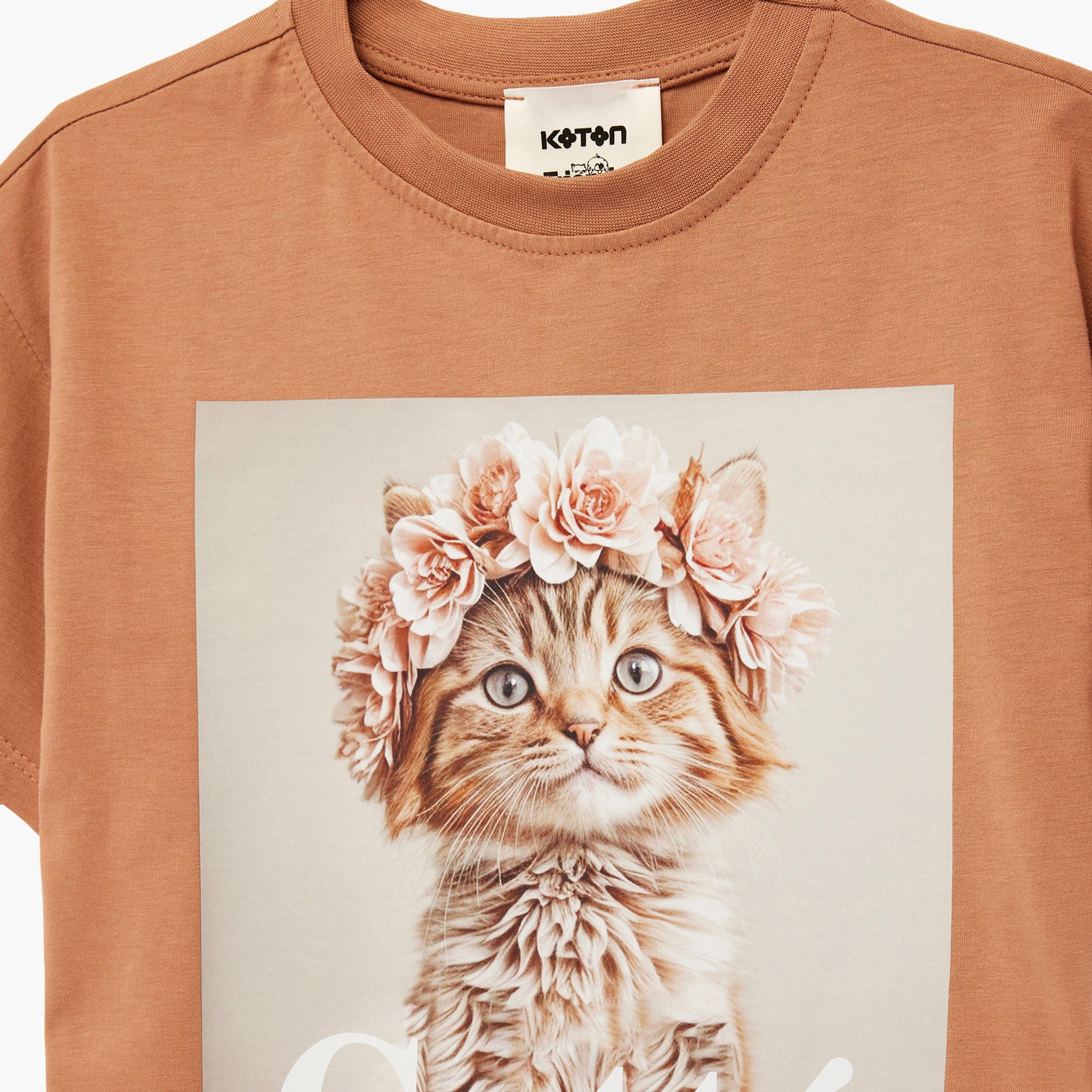Koton Short Sleeves Cat Printed T-Shirt-girls-clothing-tshirts-image-3