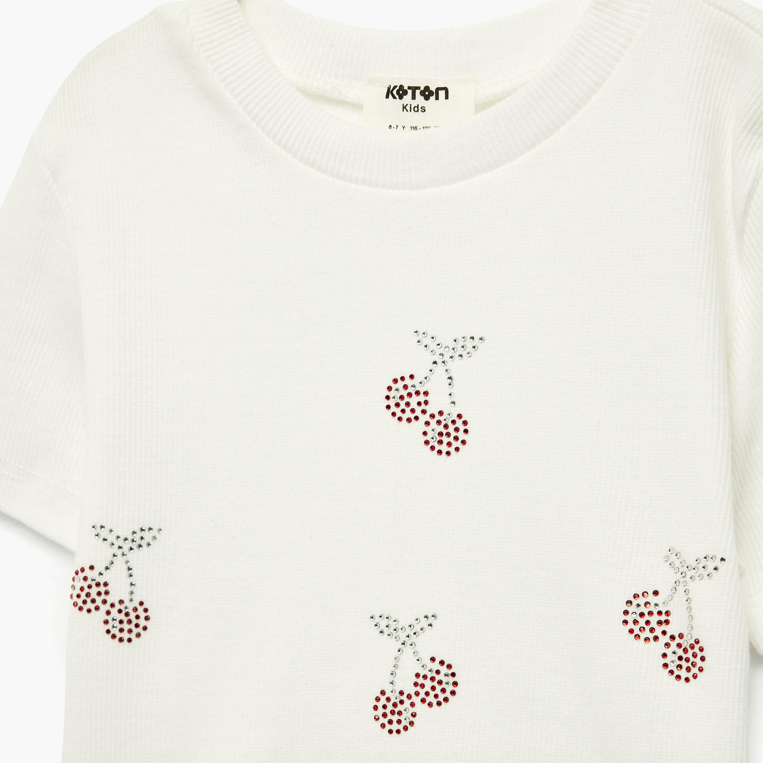 Koton Short Sleeves Cherry Embroidered T-Shirt-girls-clothing-tshirts-image-3