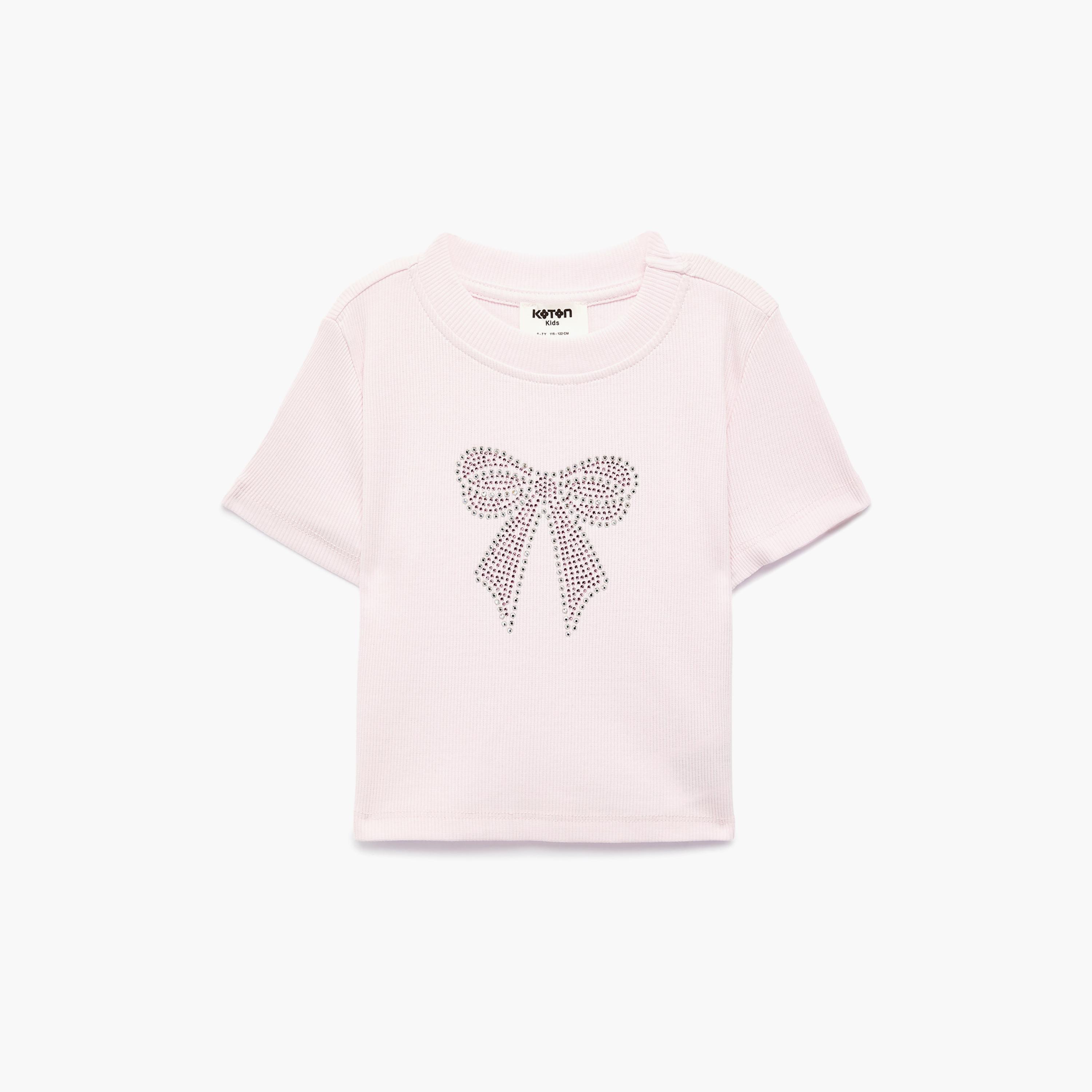 Koton Short Sleeves Bow Embroidered T-Shirt-girls-clothing-tshirts-image-1