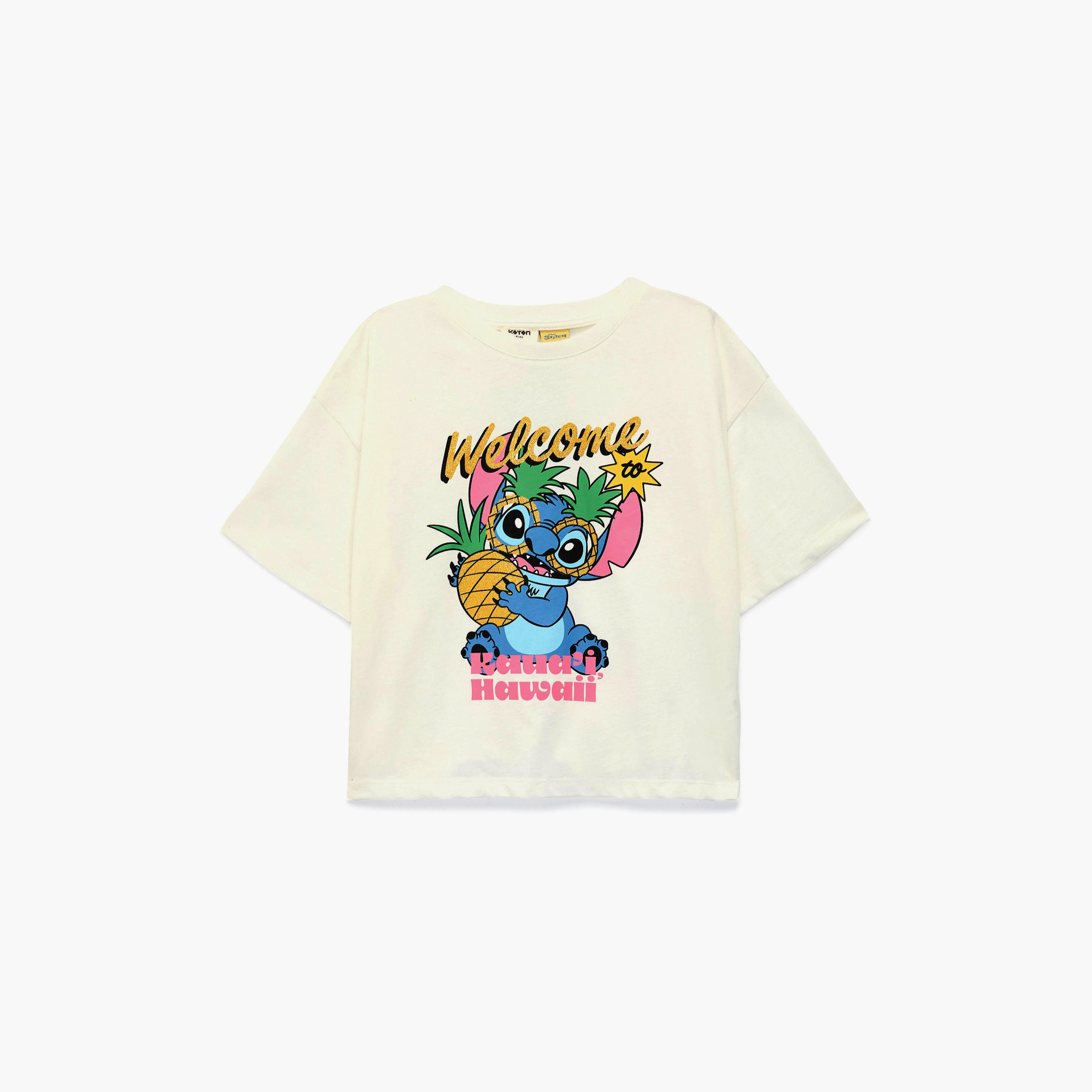 تي شيرت بطبعة "ستيتش" بأكمام قصيرة من كوتون-girls-clothing-tshirts-image-1