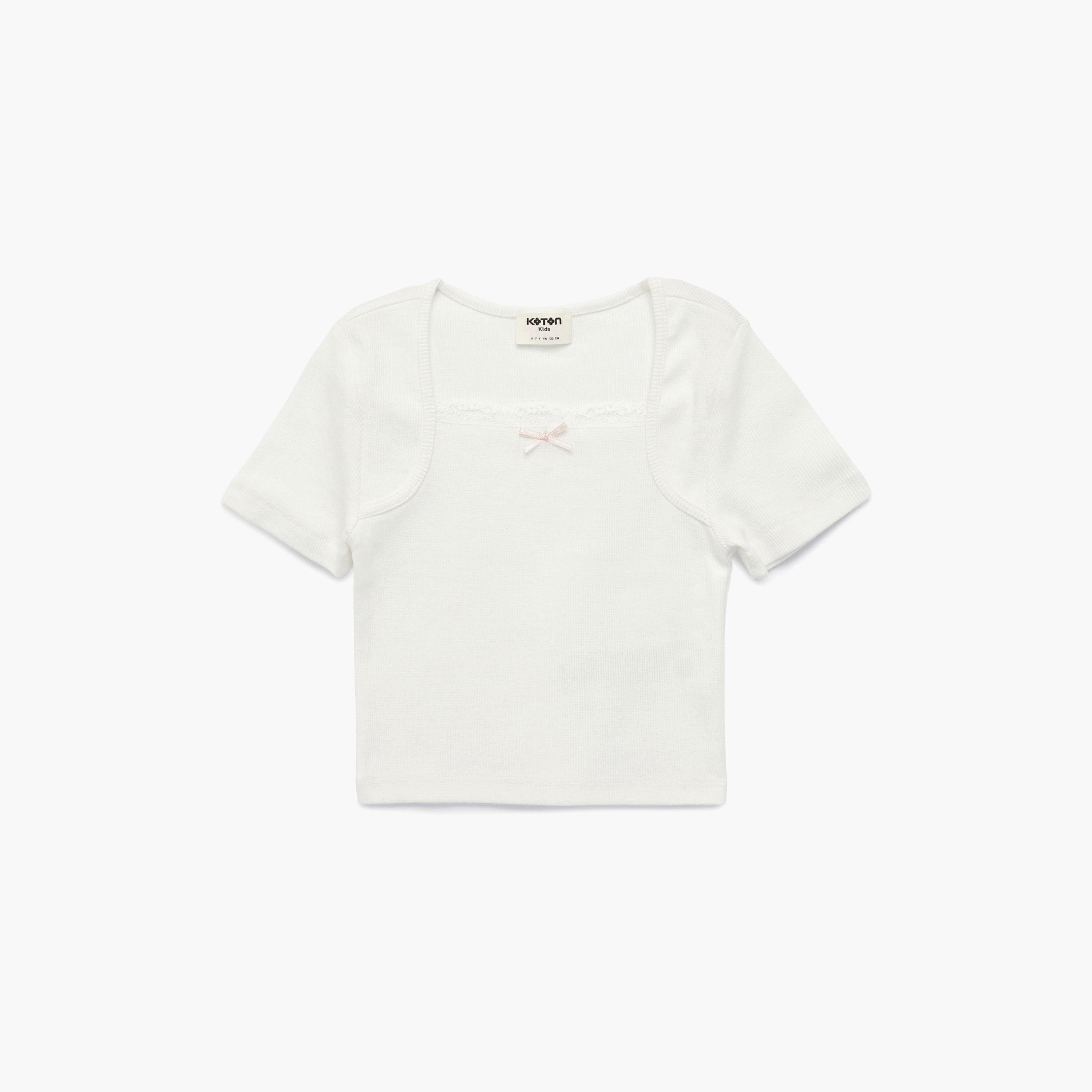 Koton Short Sleeves Bow Detailed Plain T-Shirt-girls-clothing-tshirts-image-1