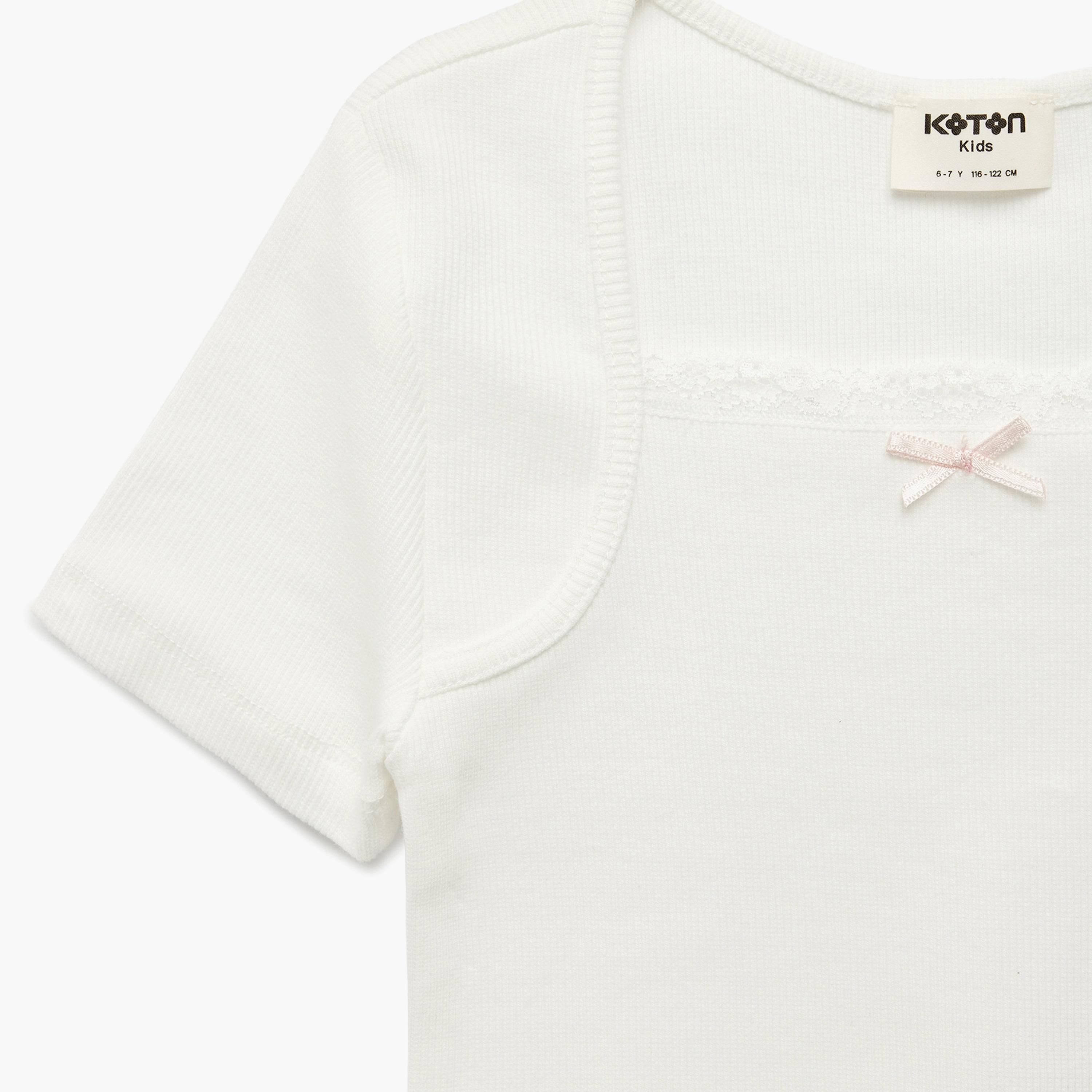 Koton Short Sleeves Bow Detailed Plain T-Shirt-girls-clothing-tshirts-image-3