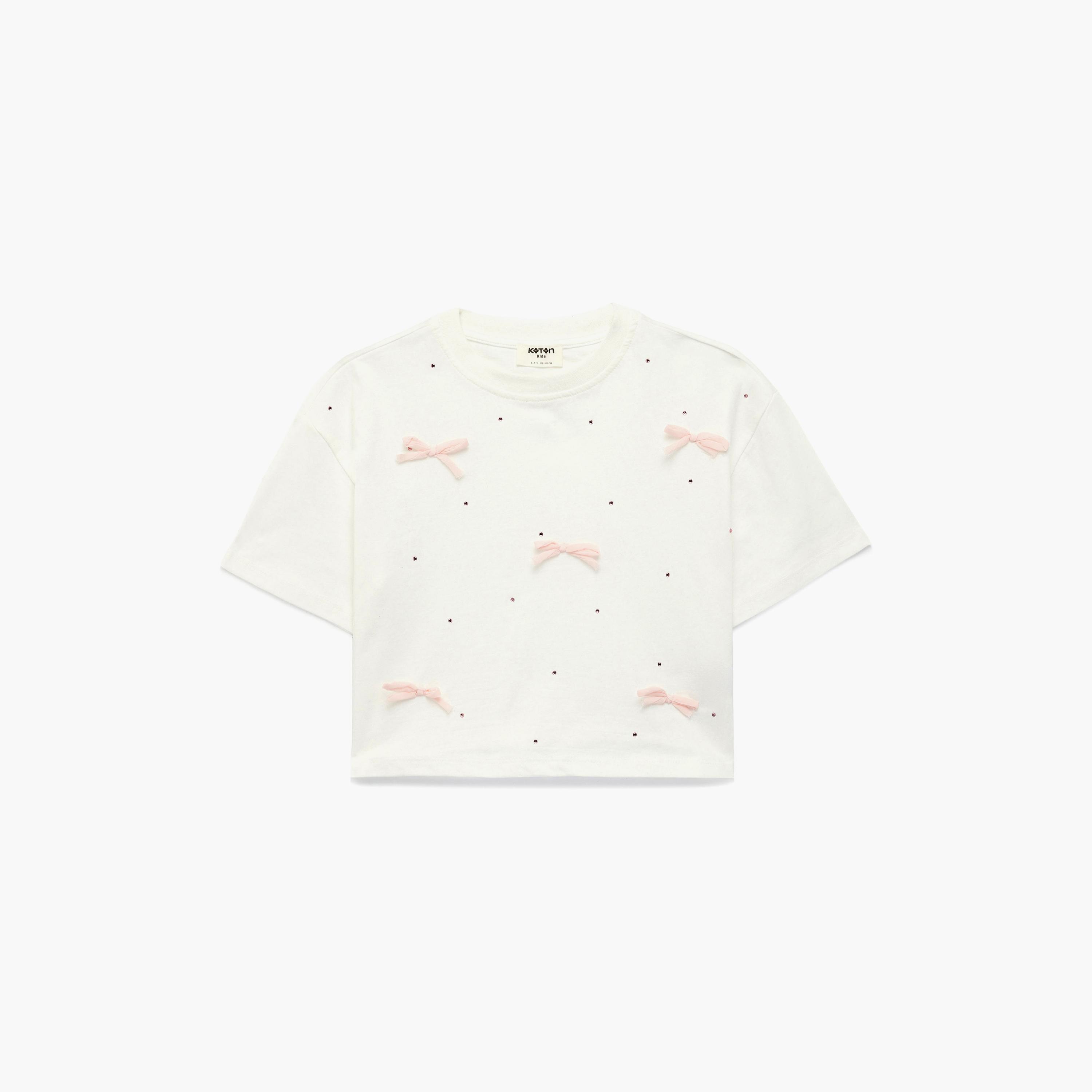 تي شيرت بتطريز فيونكة وأكمام قصيرة من كوتون-girls-clothing-tshirts-image-1