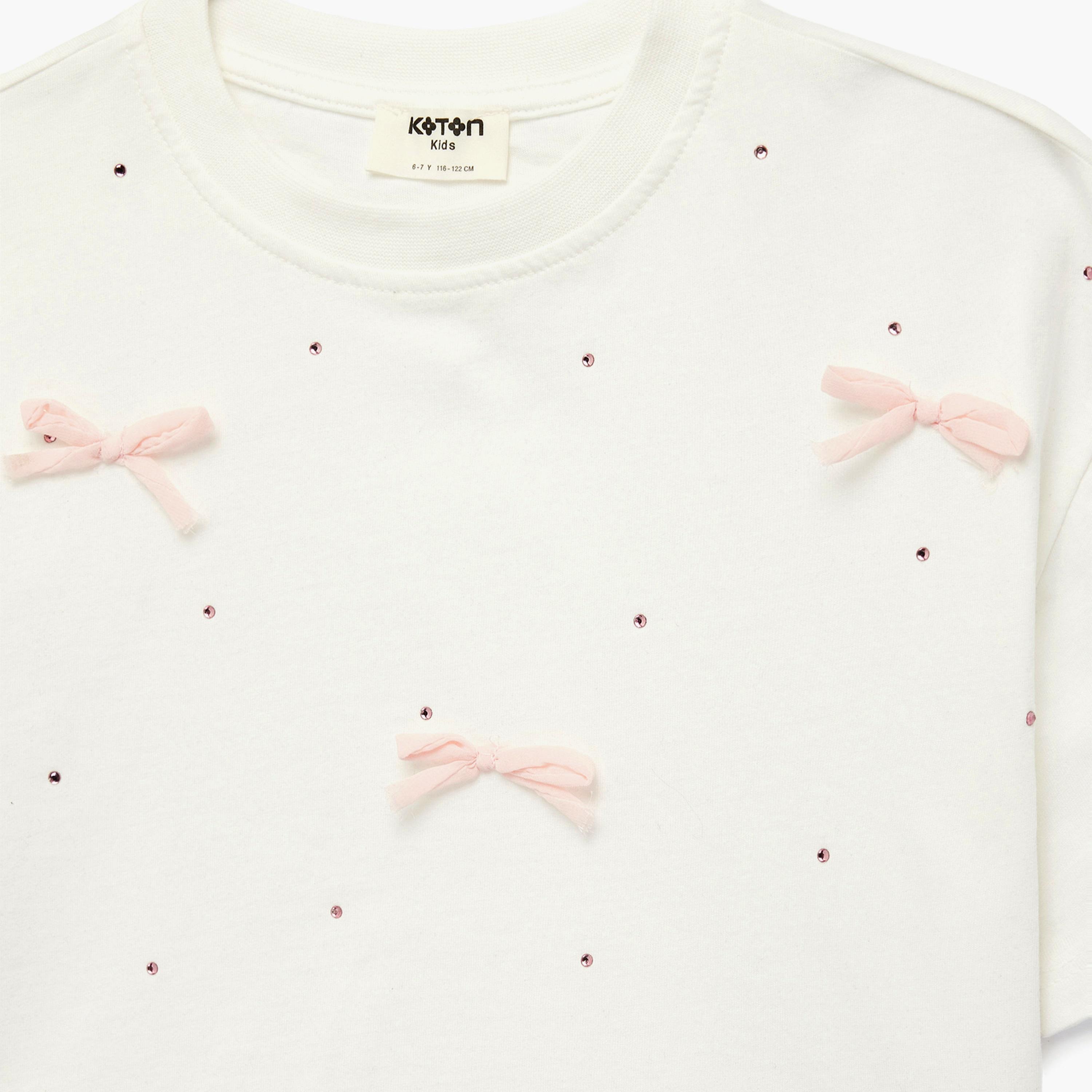 تي شيرت بتطريز فيونكة وأكمام قصيرة من كوتون-girls-clothing-tshirts-image-3