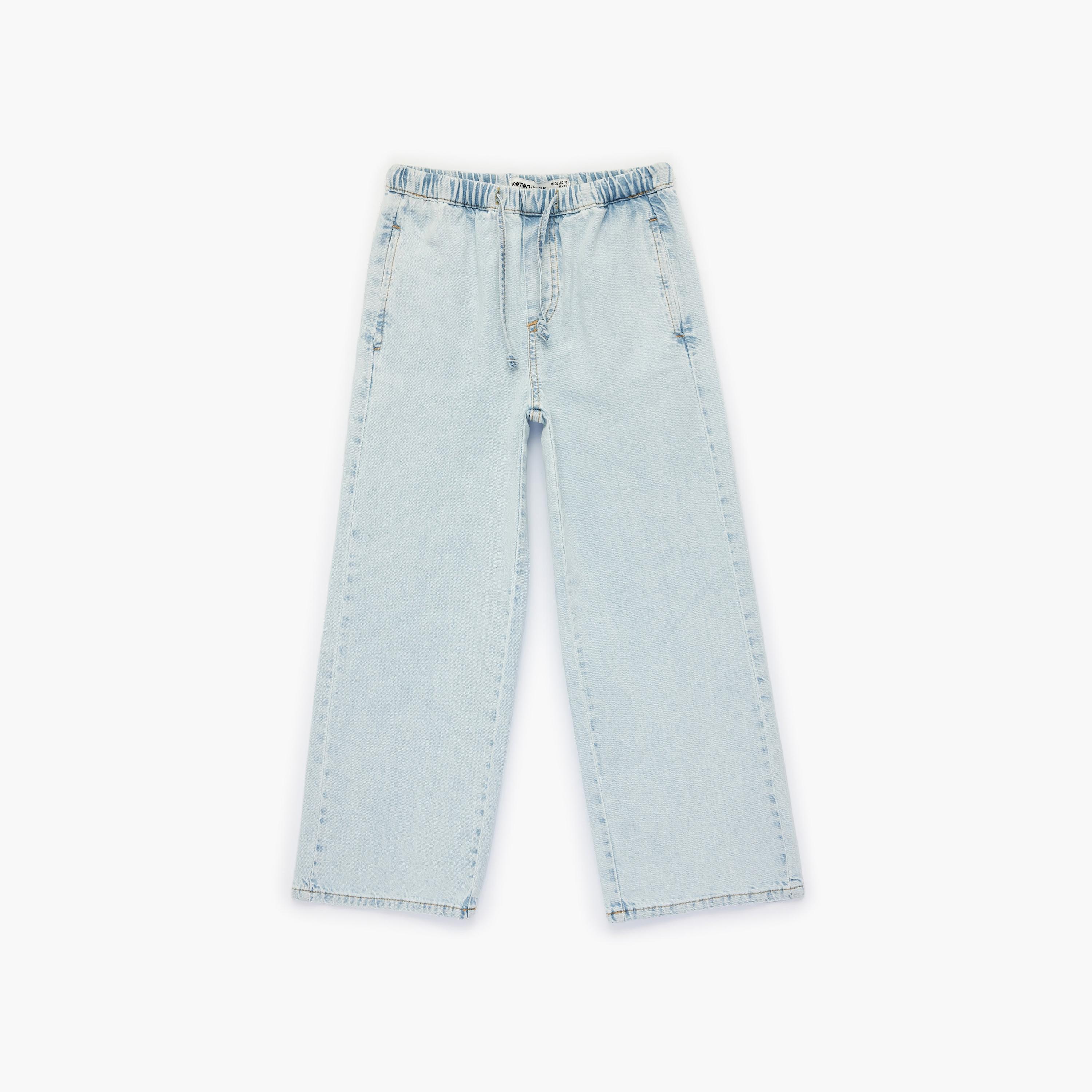 بنطلون سادة بخصر مطاطي ورباط "درو سترينغ" من كوتون-girls-clothing-bottoms-trousers-image-1