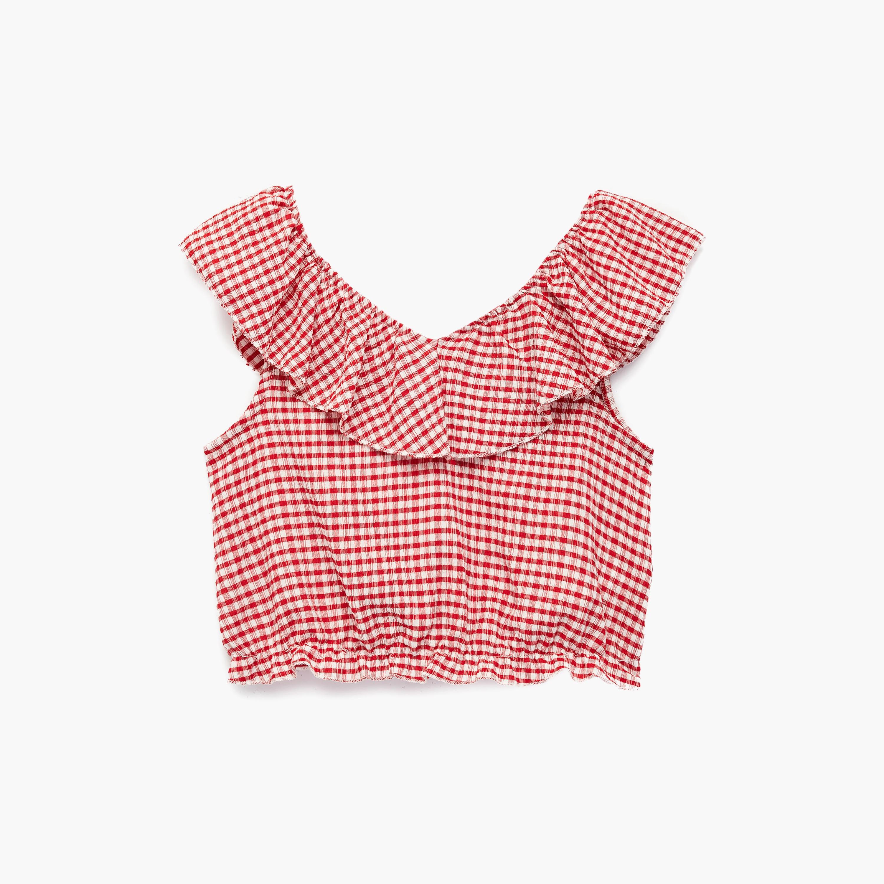 Koton Sleeveless Checked Low Shoulder Crop Top-girls-clothing-blousesandshirts-image-1