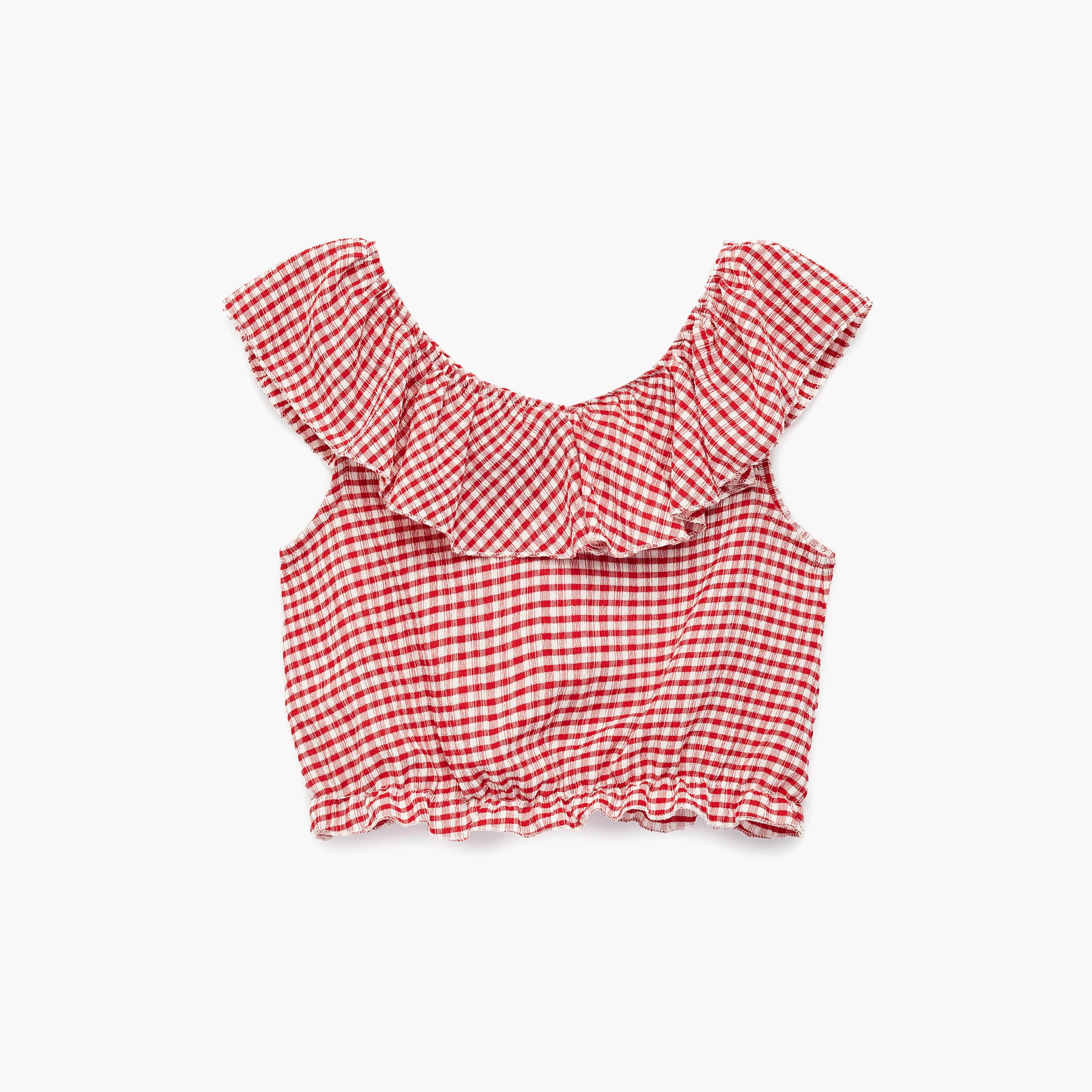 Koton Sleeveless Checked Low Shoulder Crop Top-girls-clothing-blousesandshirts-image-2