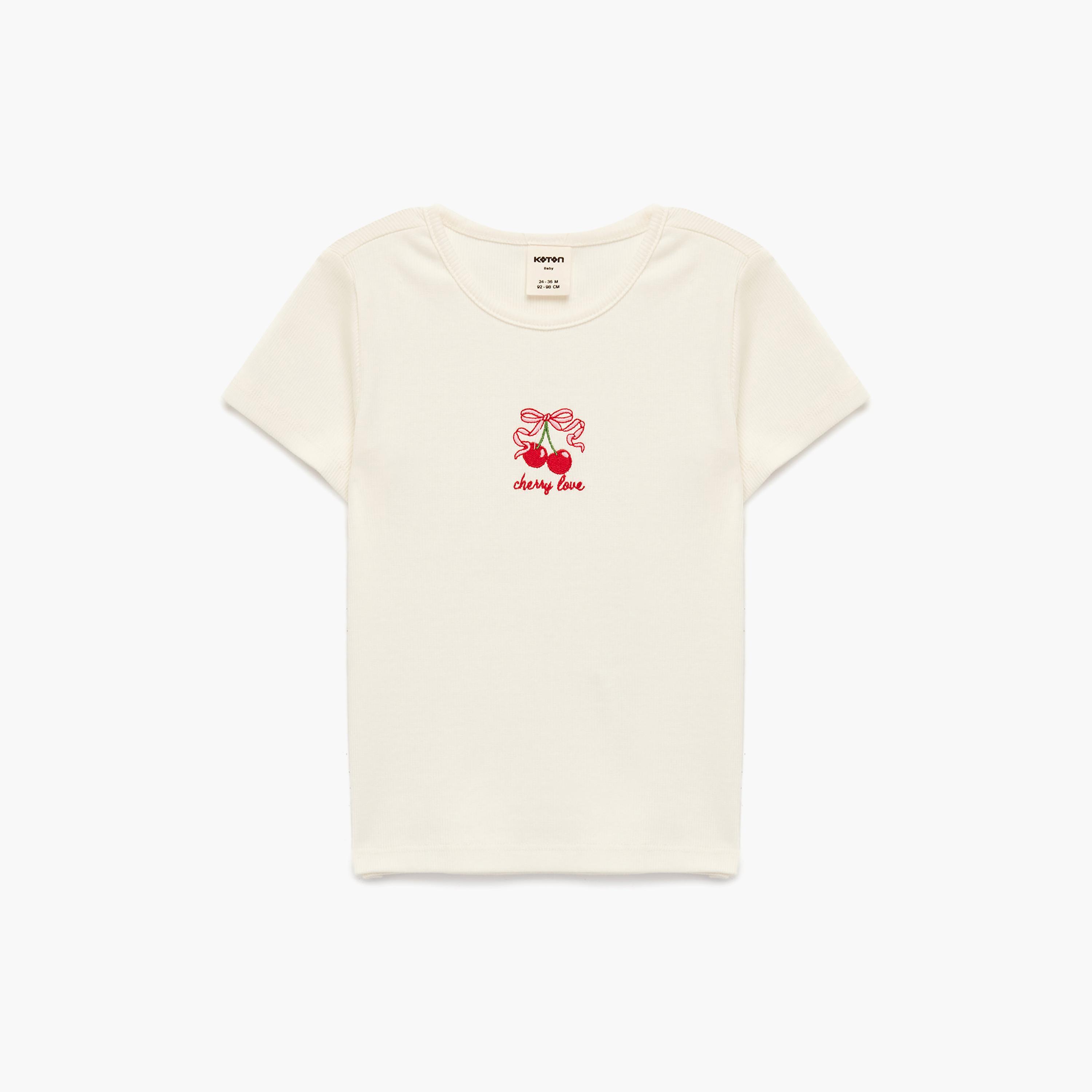 Koton Short Sleeves Cherry Embroidered Plain T-Shirt-girls-clothing-tshirts-image-1