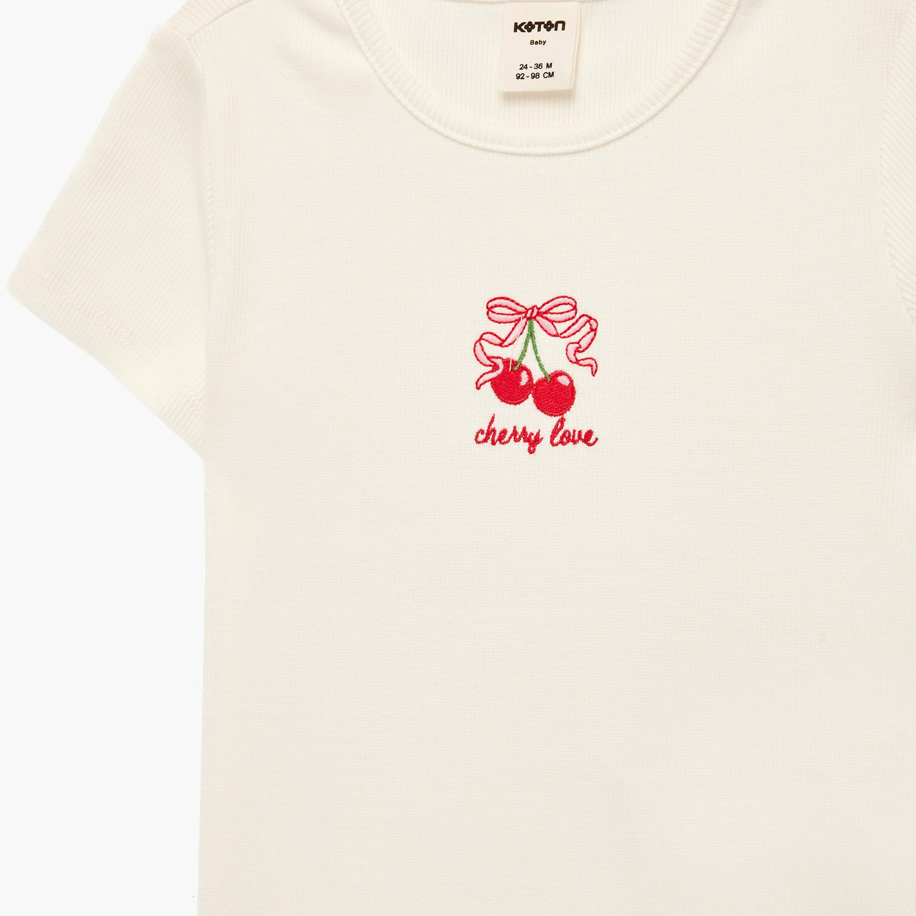 Koton Short Sleeves Cherry Embroidered Plain T-Shirt-girls-clothing-tshirts-image-3