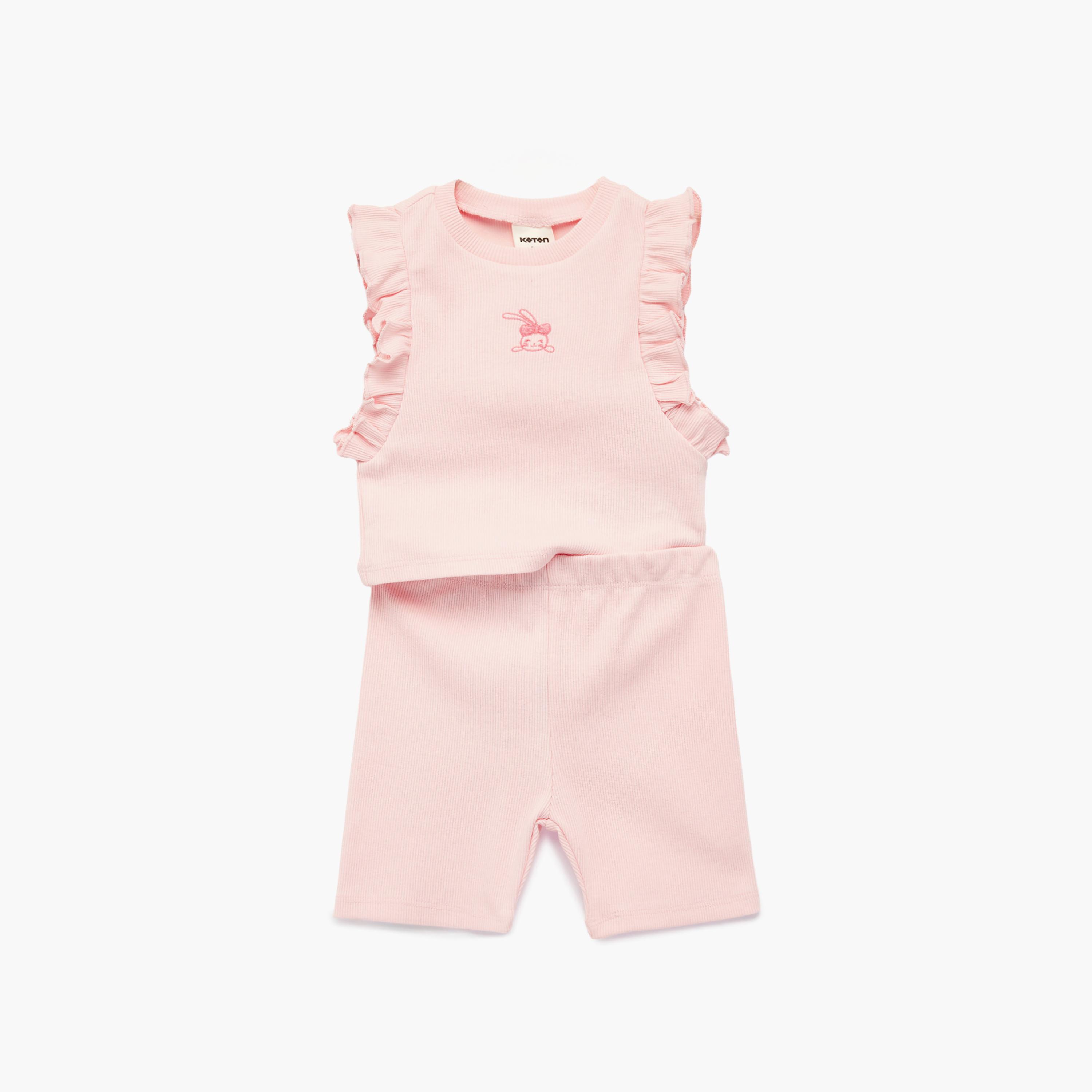 Koton Ruffle Detailed Embroidered Top & Shorts Set-girls-clothing-setsandcoords-image-1