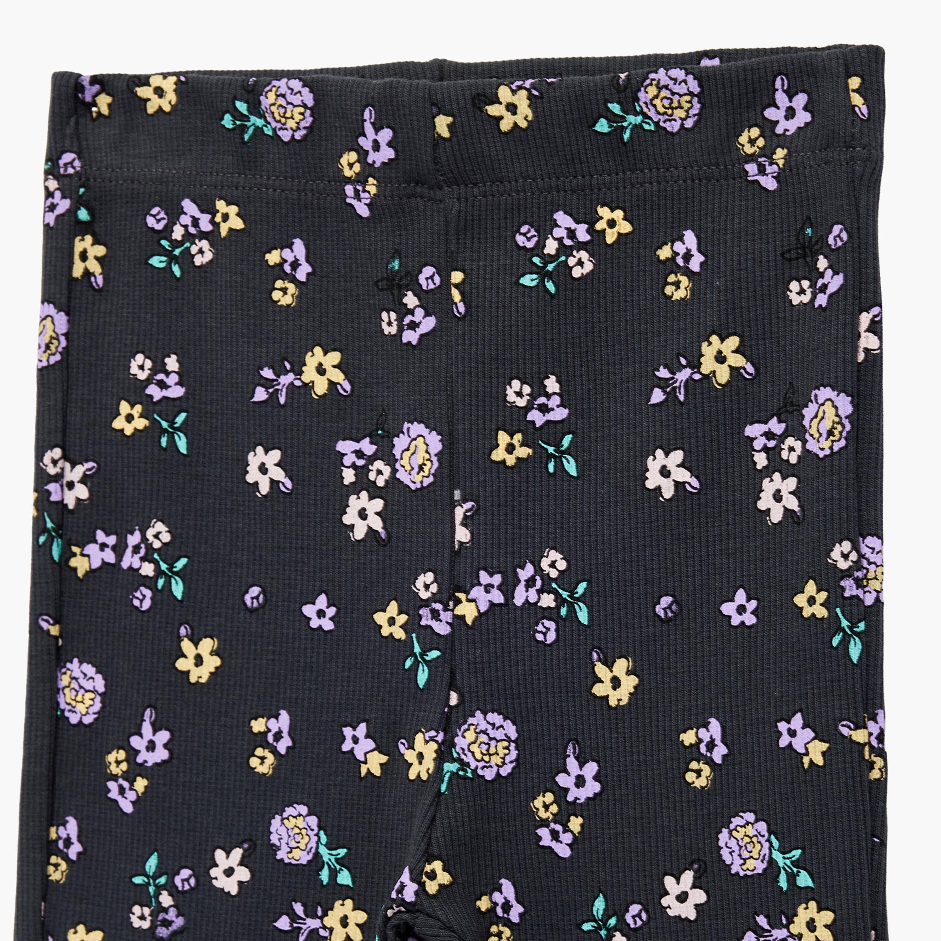 Koton Full Length Elastic Waist Floral Flared Leggings-girls-clothing-bottoms-leggings-image-3