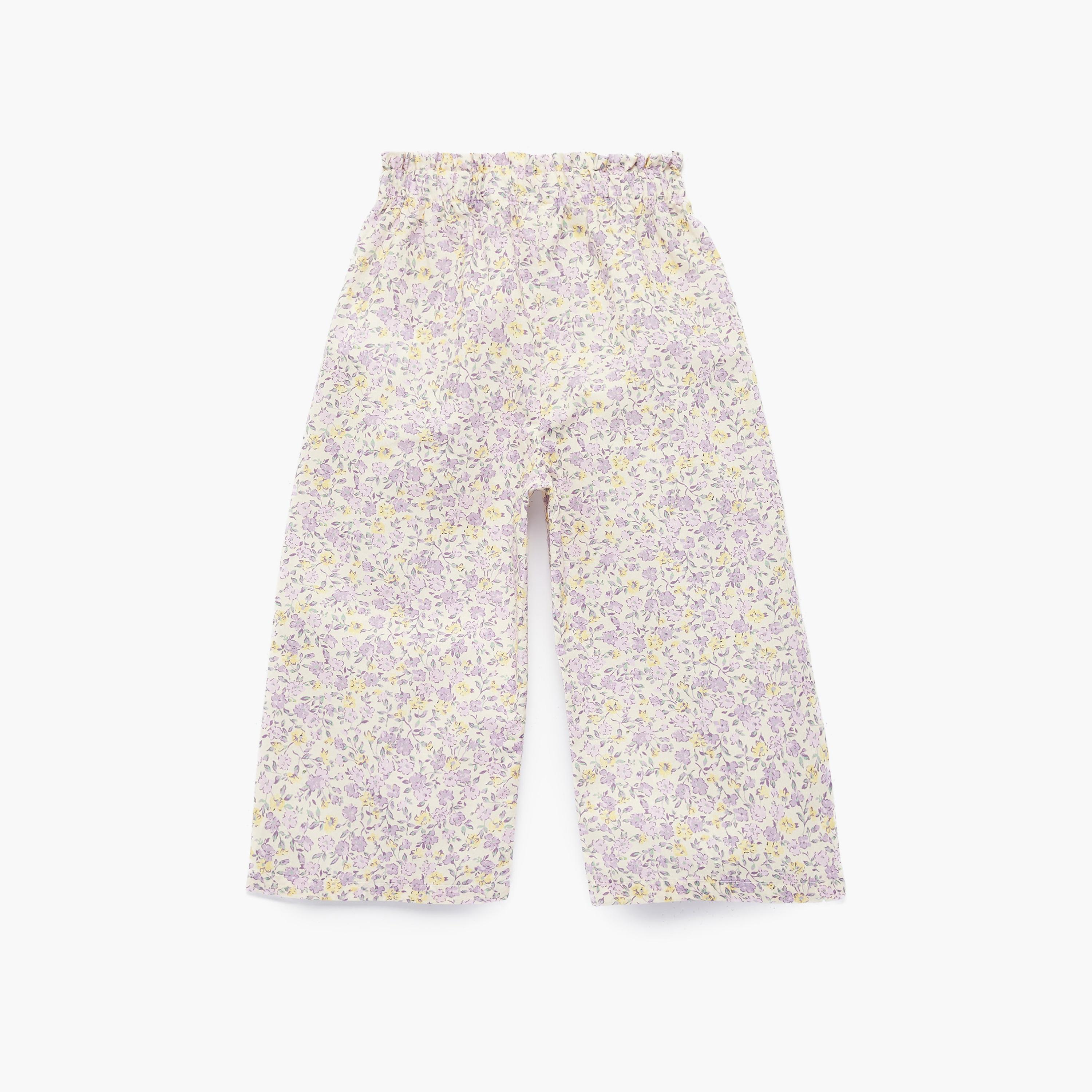 بنطلون "أوفرسايزد" بأرجل "وايد ليج" ونقشة زهور وخصر مطاطي من كوتون-girls-clothing-bottoms-trousers-image-2