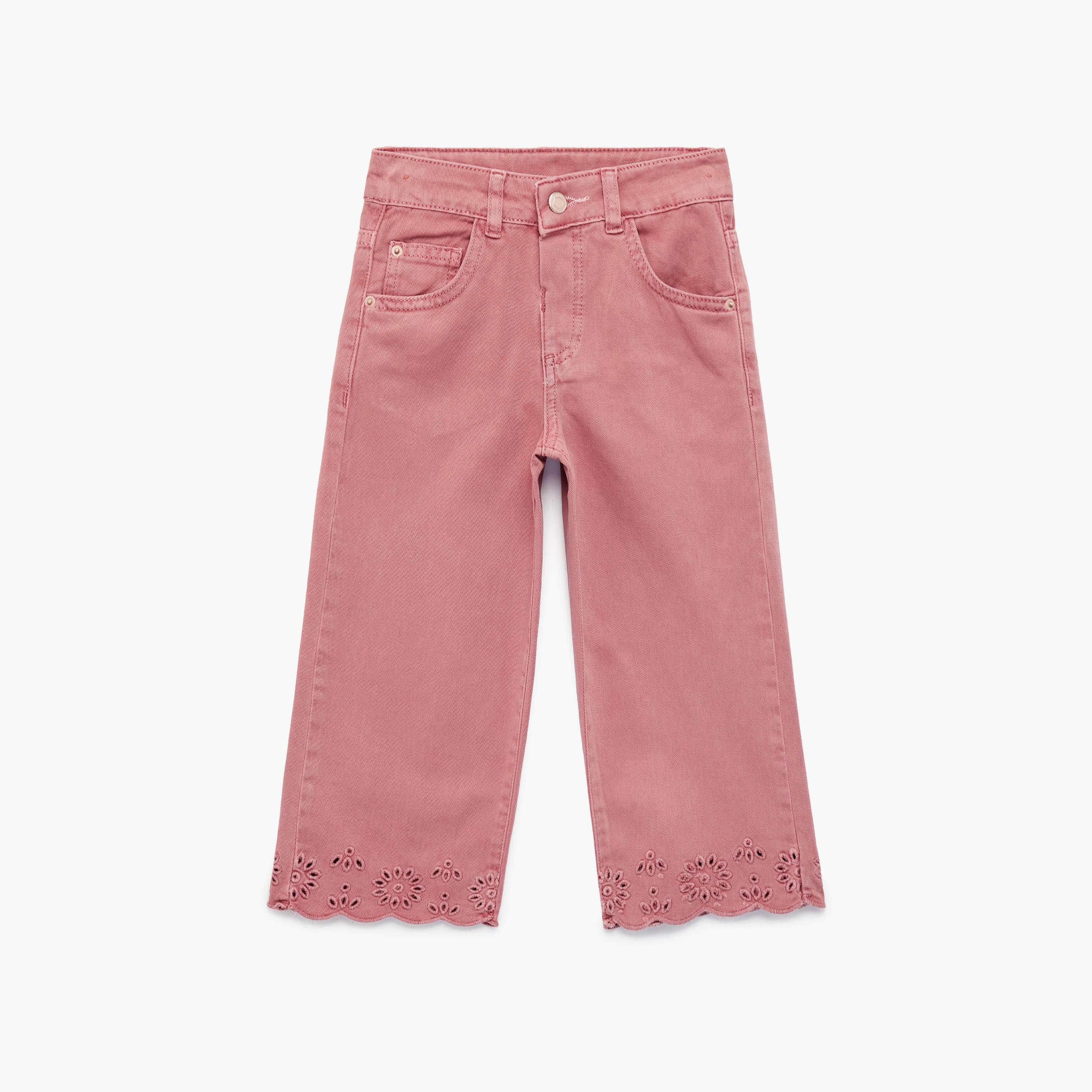 بنطلون سادة بأزرار وأرجل "وايد ليج" من كوتون-girls-clothing-bottoms-trousers-image-4