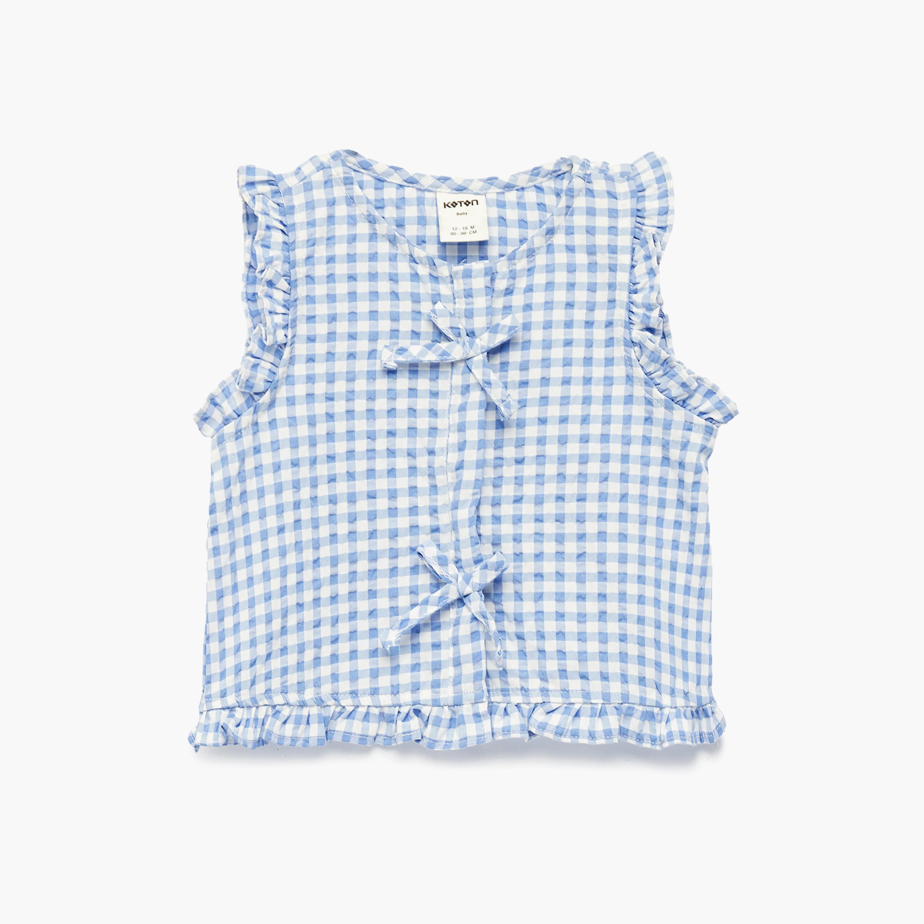 قميص بمربعات "تشيكد" وتفاصيل "رافل" بدون أكمام من كوتون-girls-clothing-blousesandshirts-image-1