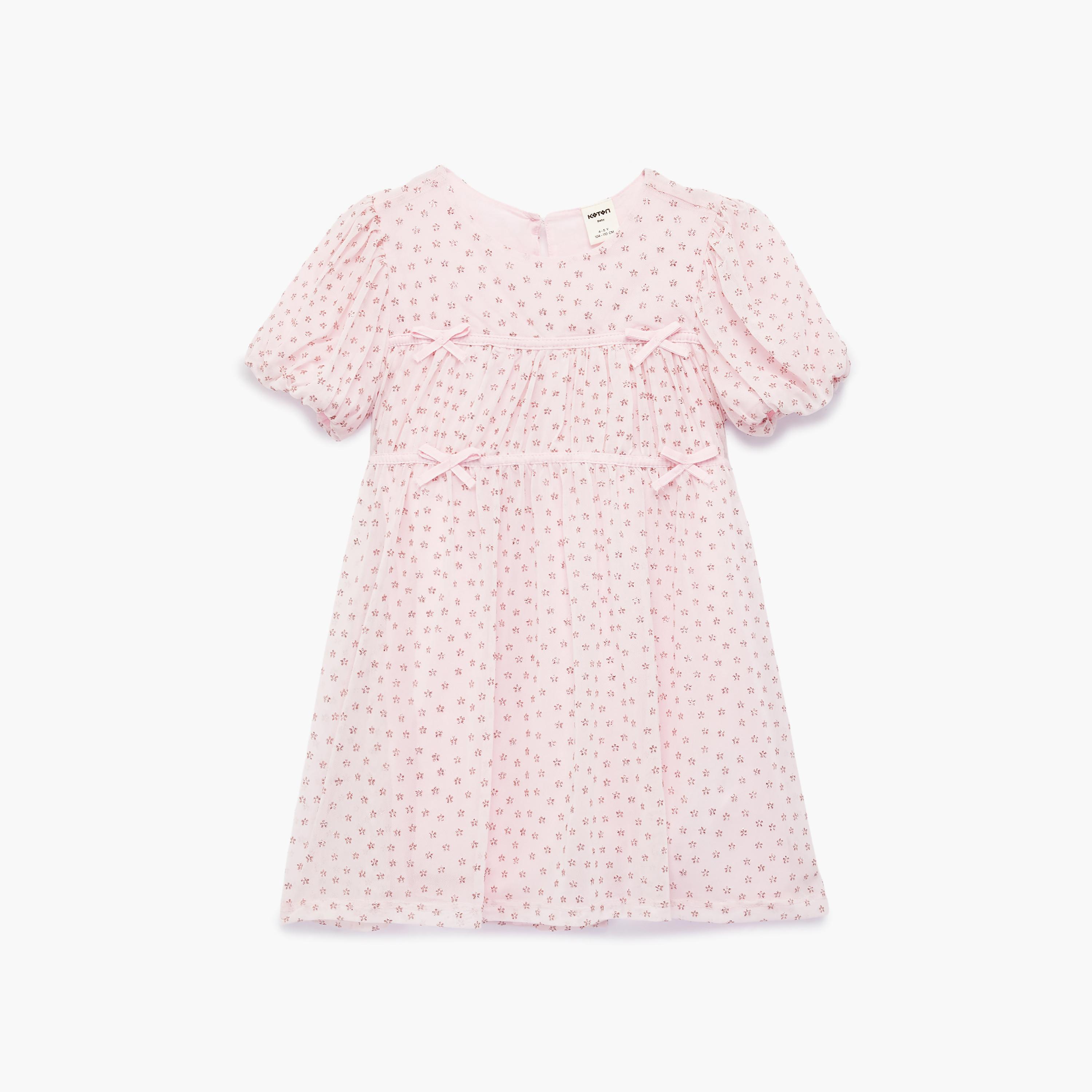 فستان بنقشة زهور وتفاصيل "بو" وأكمام قصيرة من كوتون-girls-clothing-dressesandjumpsuits-image-1
