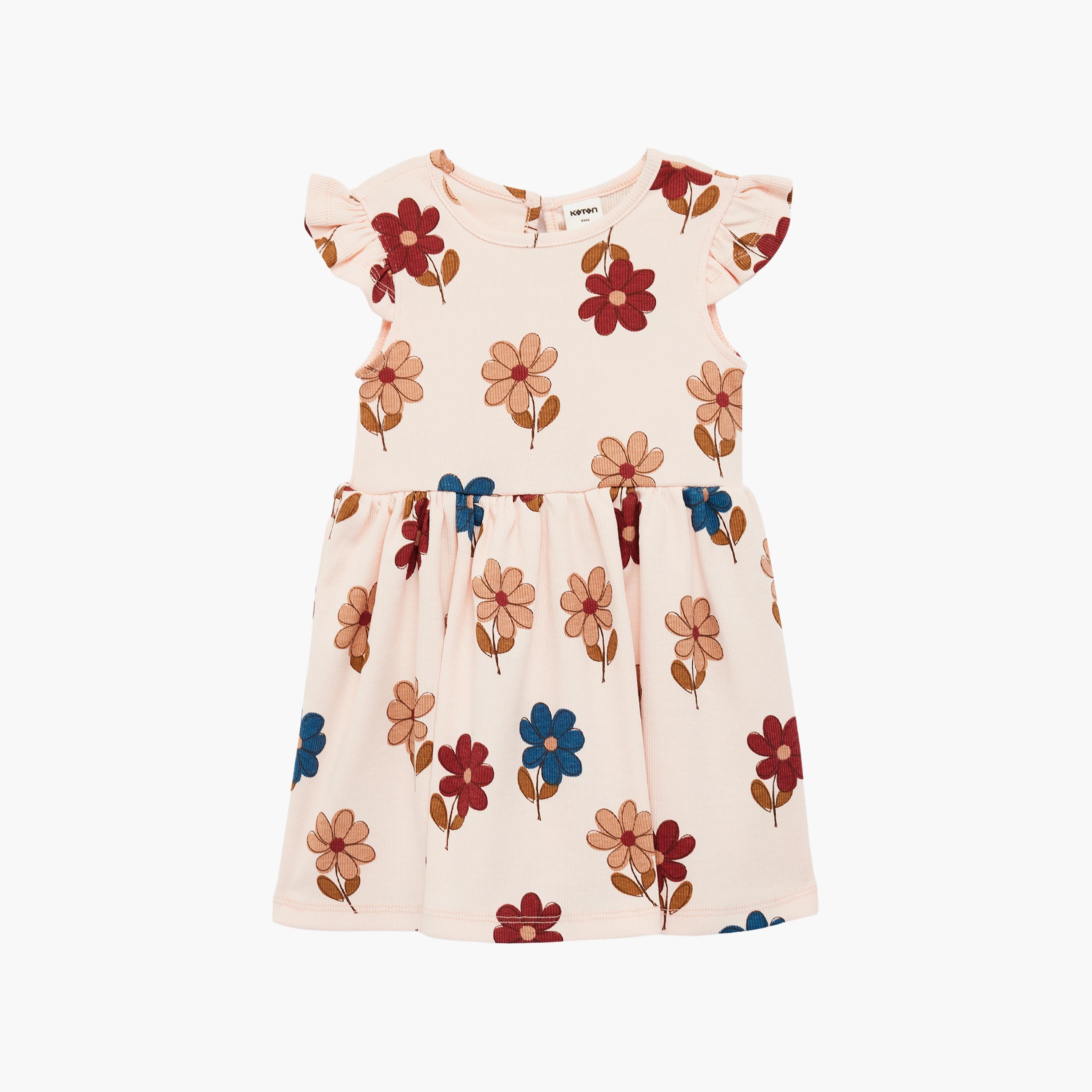 فستان بأكمام قصيرة مكشكشة ونقشة زهور من كوتون-baby-girls-clothing-dressesandjumpsuits-image-1