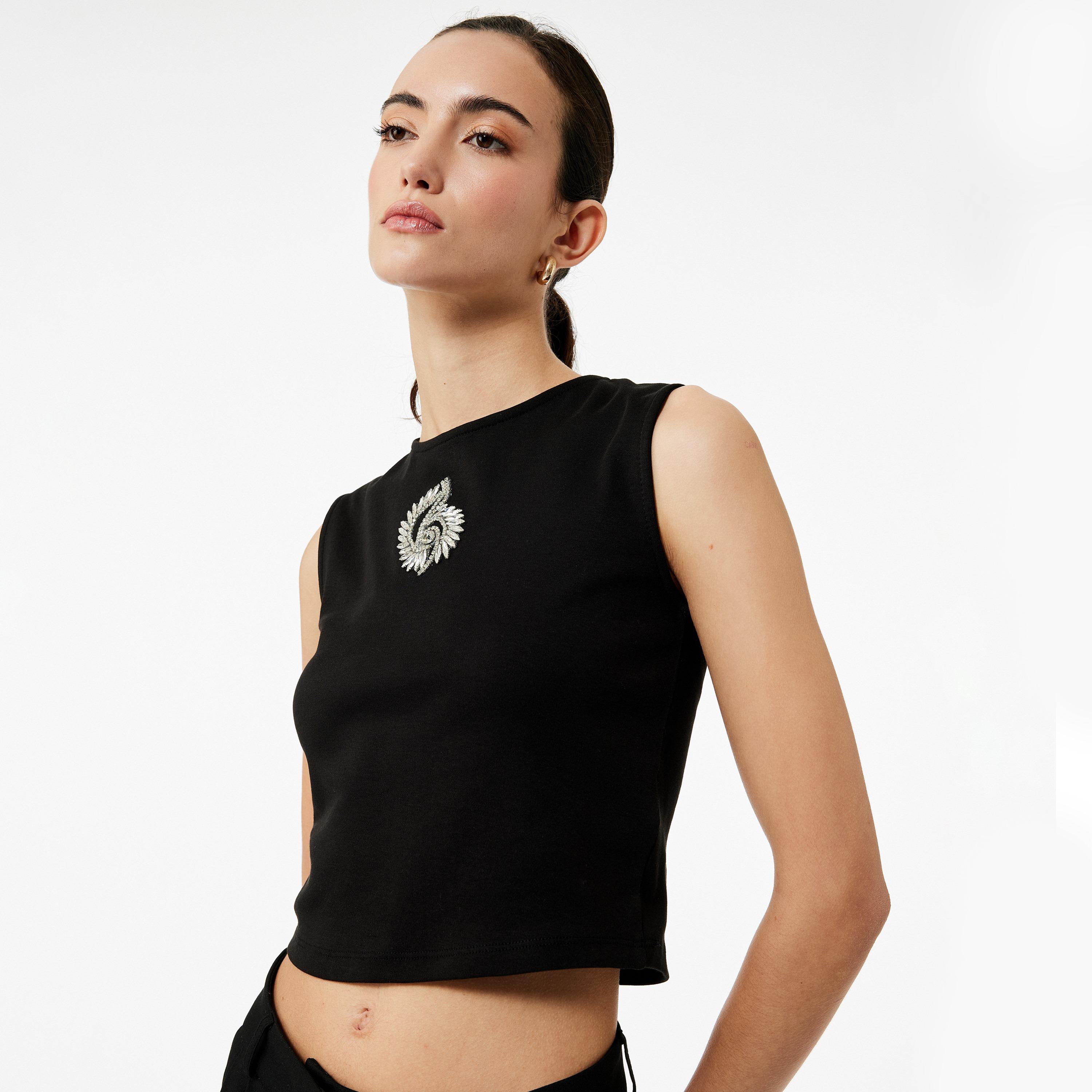KOTON Black Crystal Detailed Cotton Women's Top-women-clothing-shirtsandblouses-blouses-image-2