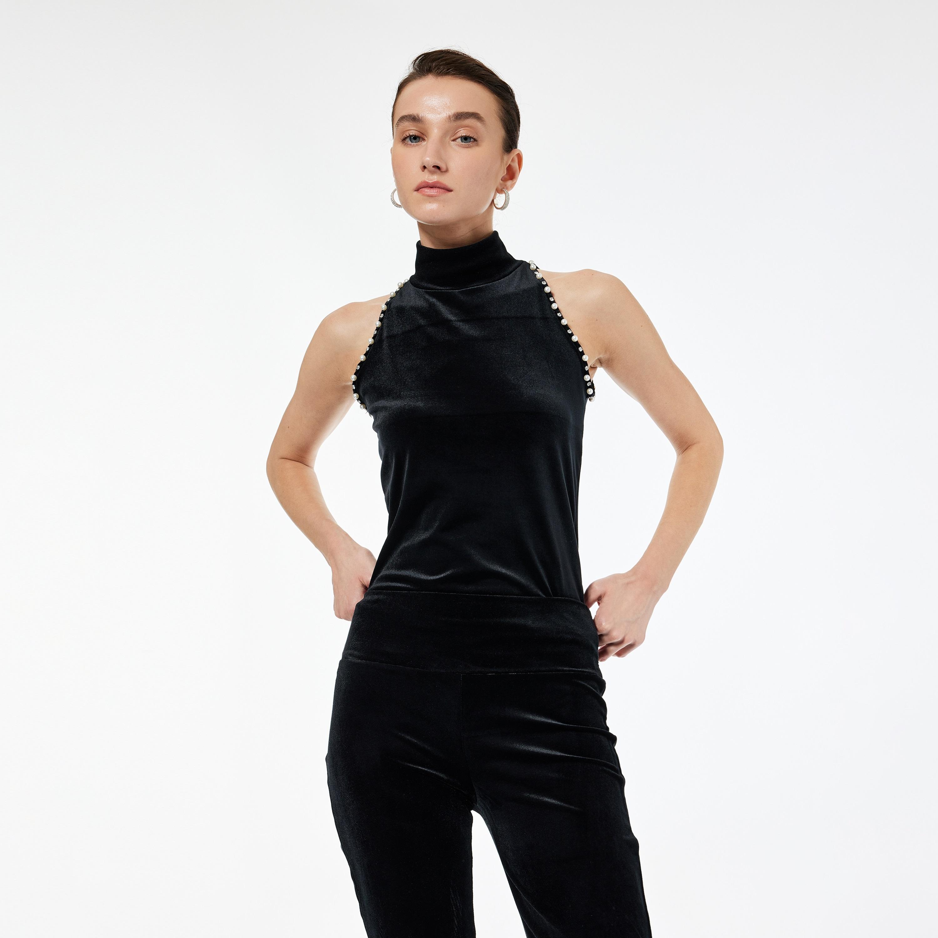 KOTON Black Pearl Detailed Velvet High Neck Women's Tank Top-women-clothing-shirtsandblouses-blouses-image-1