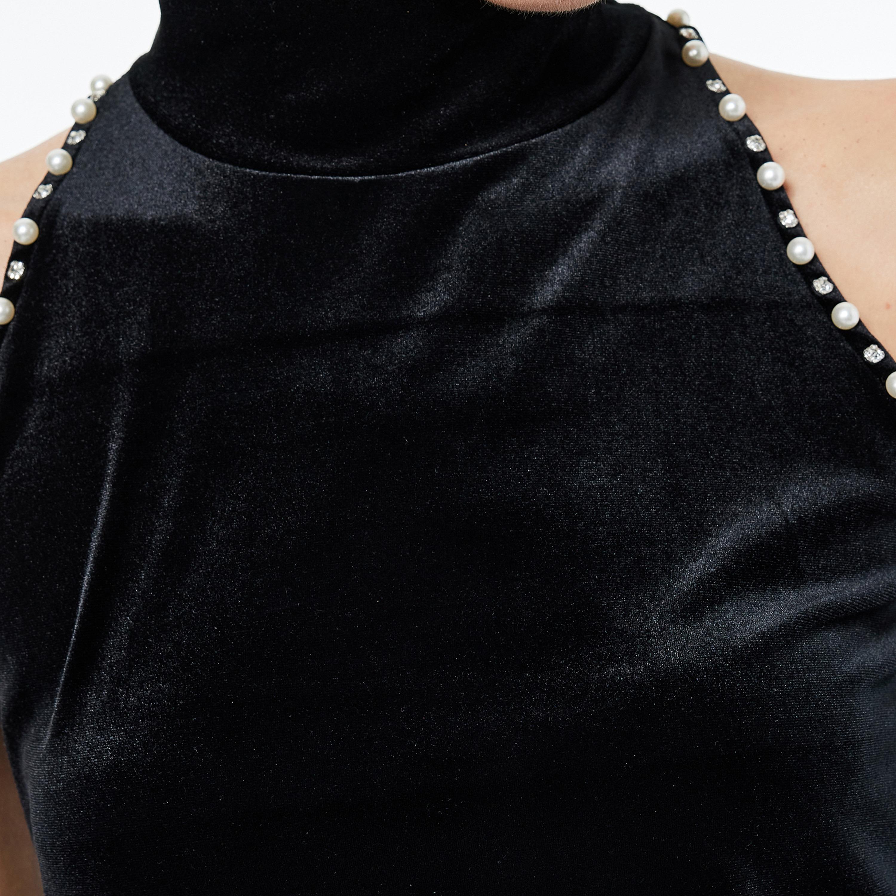 KOTON Black Pearl Detailed Velvet High Neck Women's Tank Top-women-clothing-shirtsandblouses-blouses-image-5