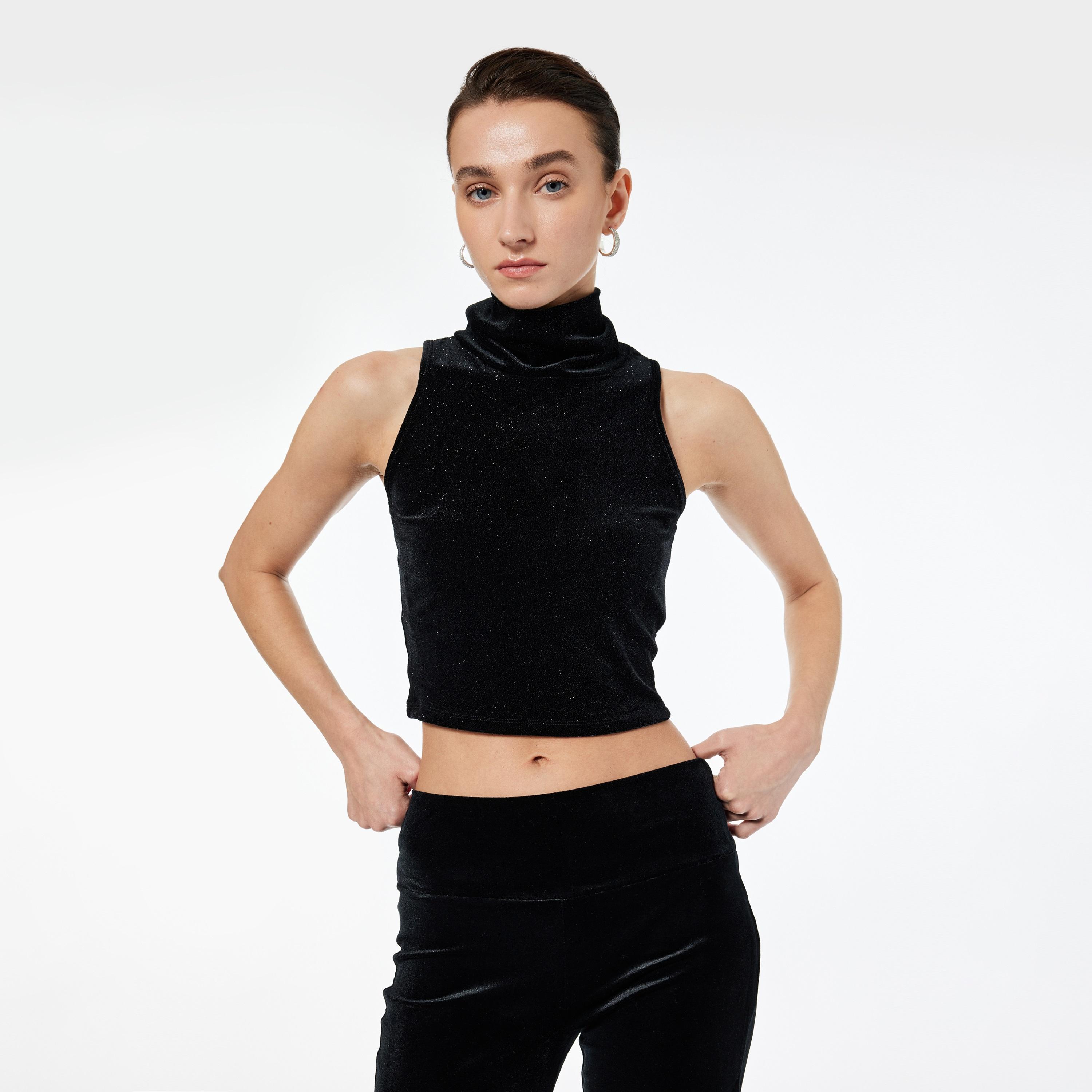 KOTON Black Shimmer Velvet High Neck Women's Tank Top-women-clothing-shirtsandblouses-blouses-image-1