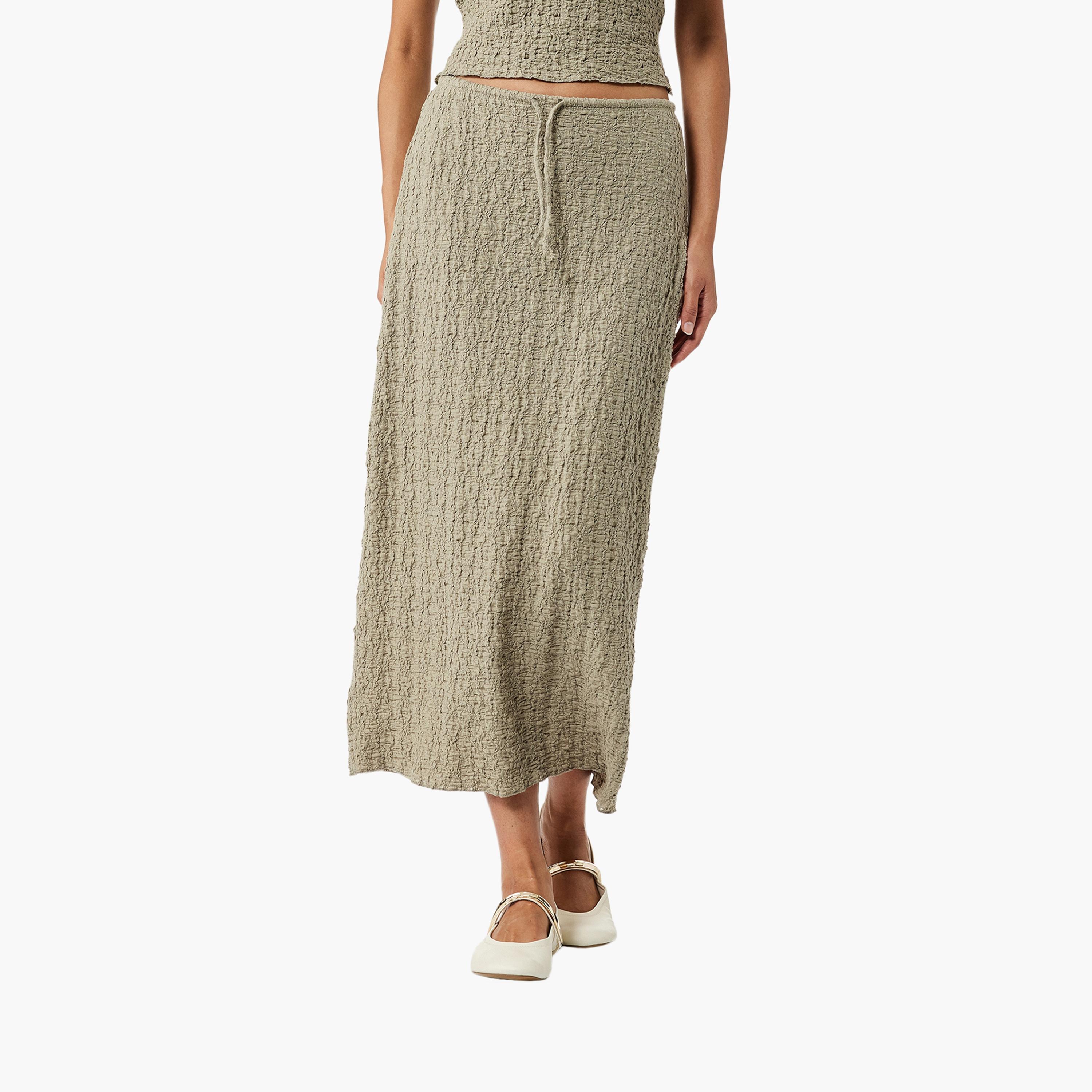 تنورة قلم رصاص نسائية متوسطة الطول ذات خصر برباط ومزخرفة باللون الأخضر من كوتون-women-clothing-bottoms-skirts-image-1