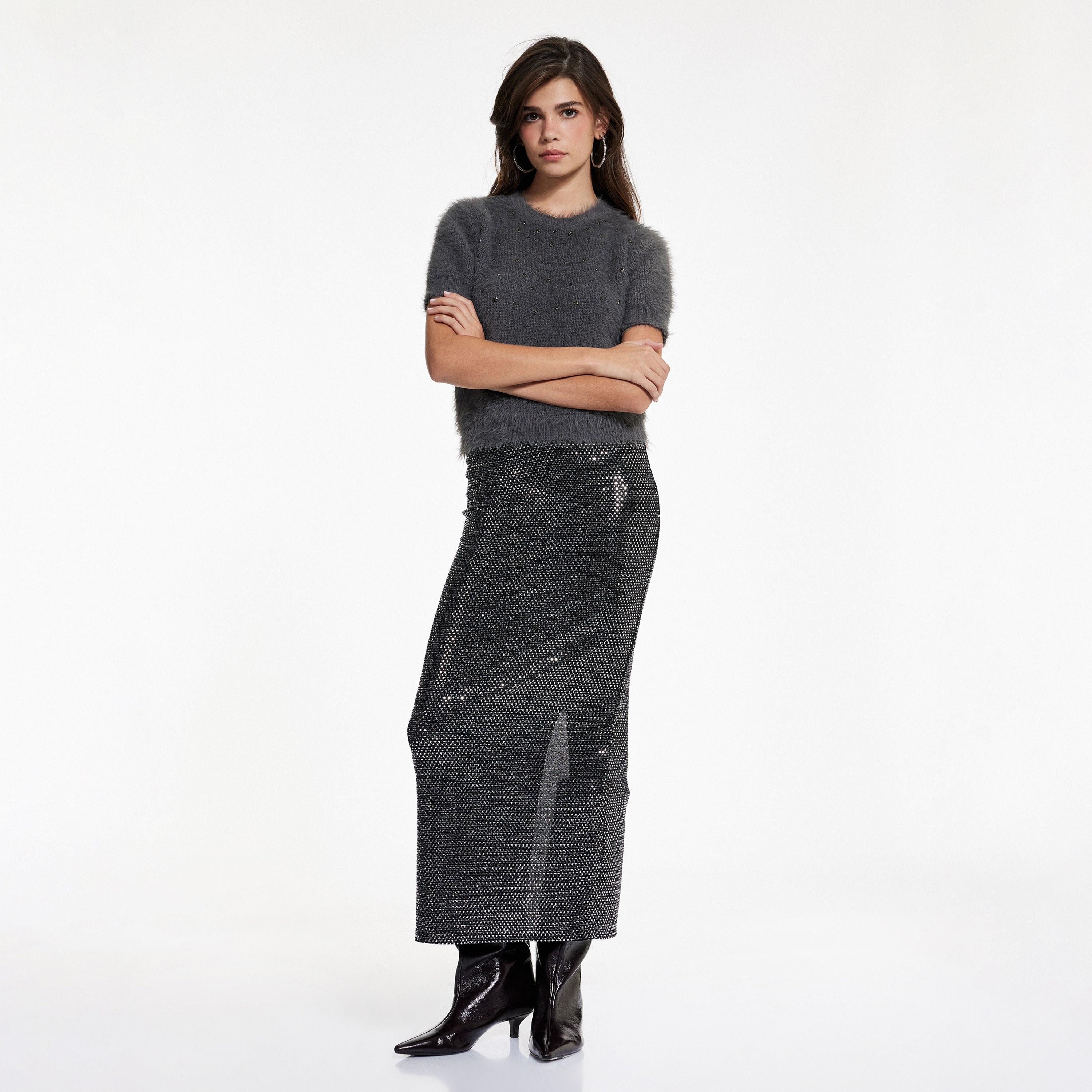 KOTON Silver Embellished Straight Women's Skirt-women-clothing-bottoms-skirts-image-2