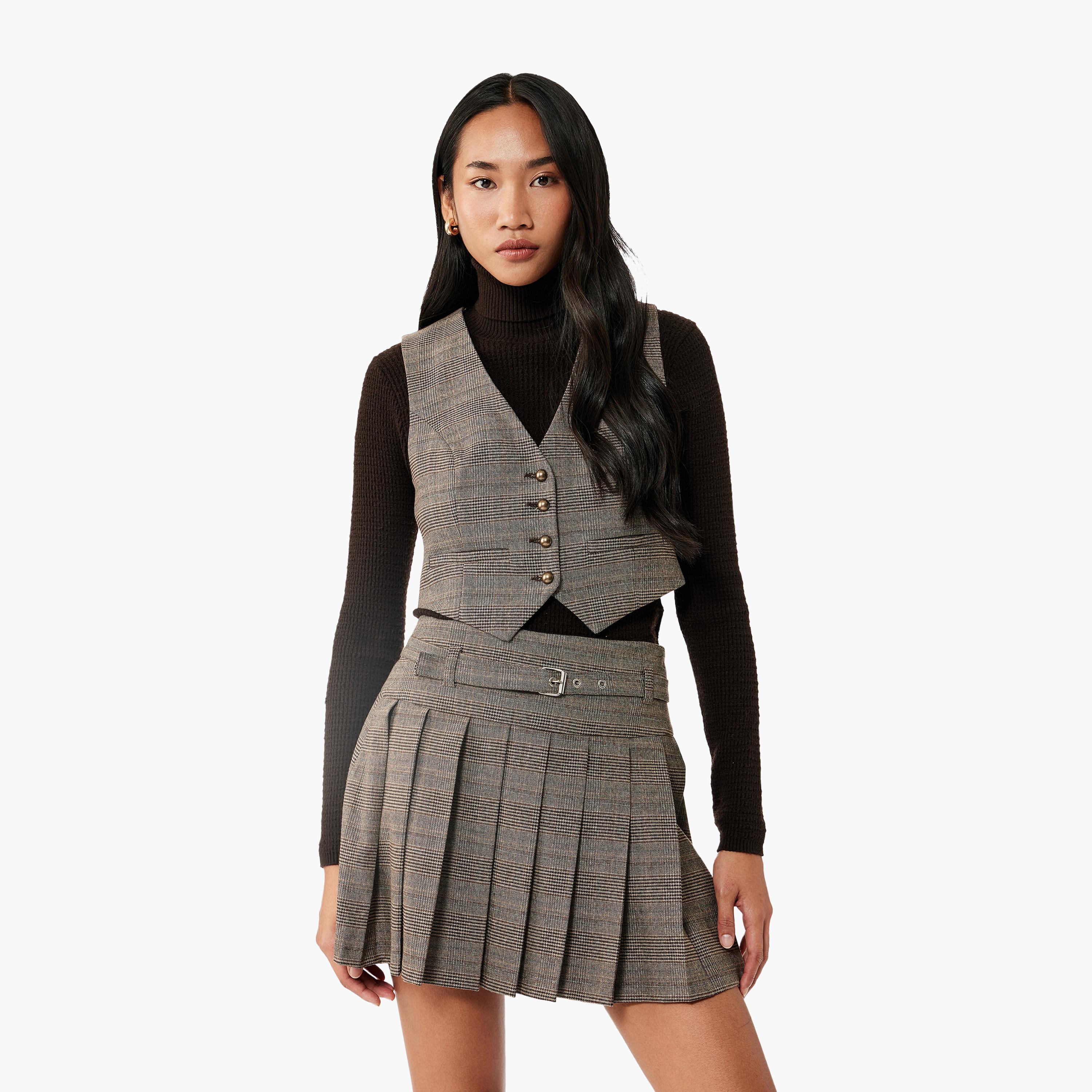 KOTON Brown Checked Women's Blazer Vest-women-winterwear-coatsandjackets-waistcoats-image-1