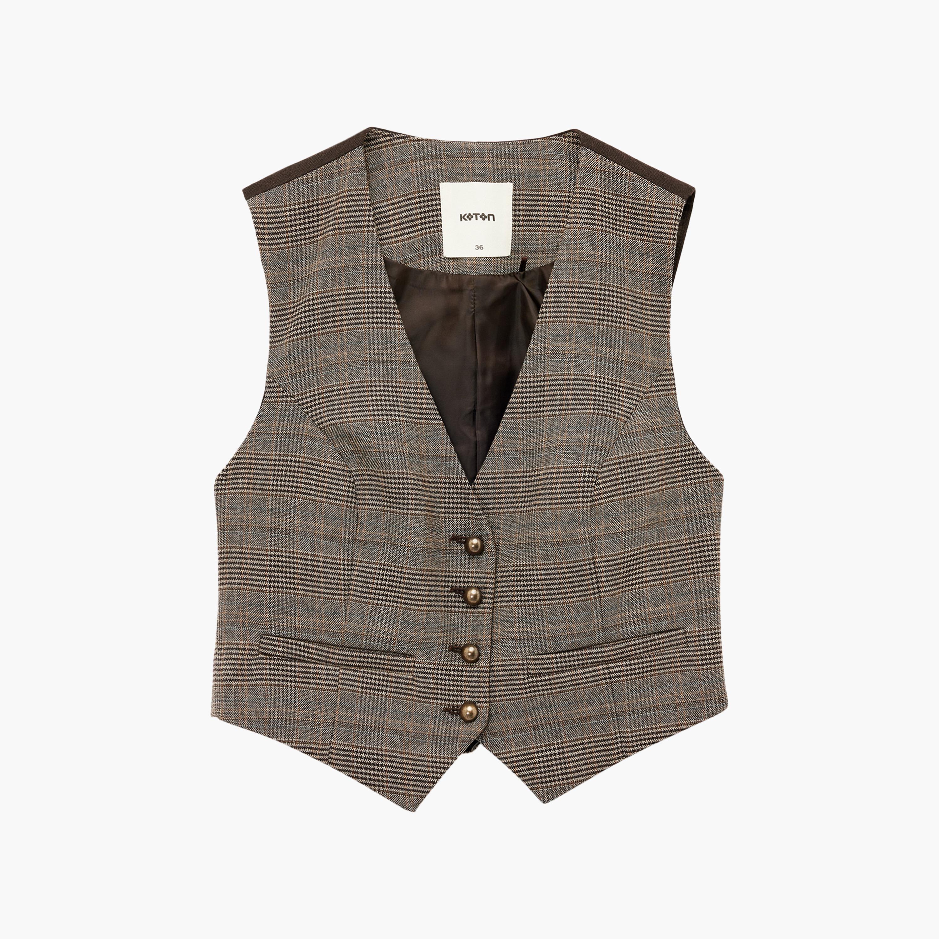 KOTON Brown Checked Women's Blazer Vest-women-winterwear-coatsandjackets-waistcoats-image-3