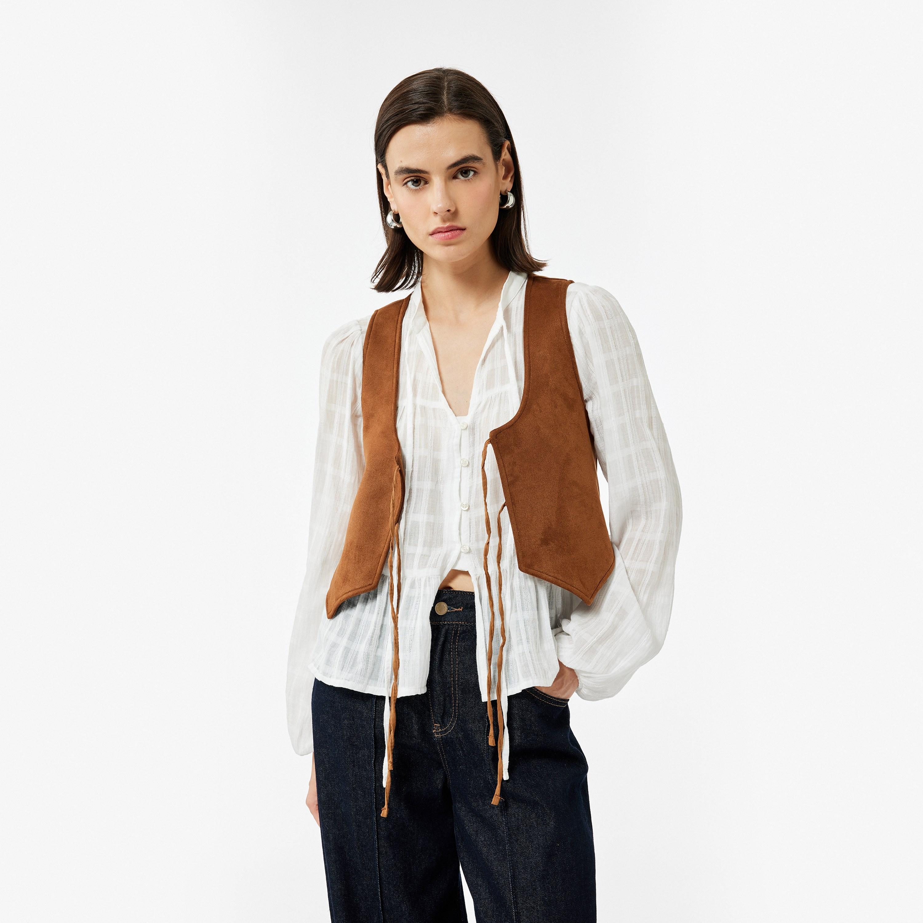 KOTON Brown Suede Women's Vest-women-winterwear-coatsandjackets-waistcoats-image-1